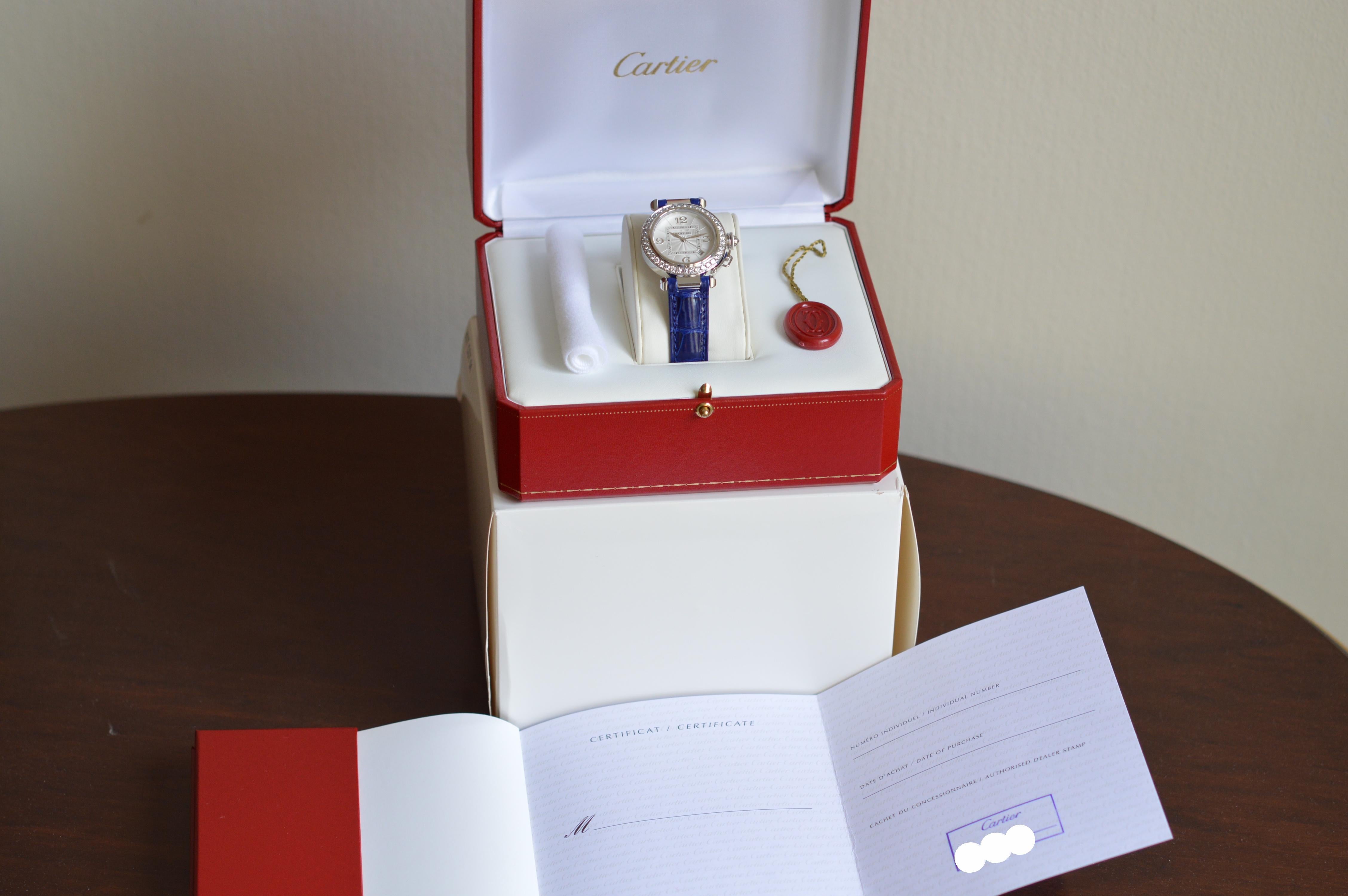 Cartier Pasha 18k White Gold Automatic Diamond Bezel Unworn Full Set In New Condition For Sale In Geneva, CH