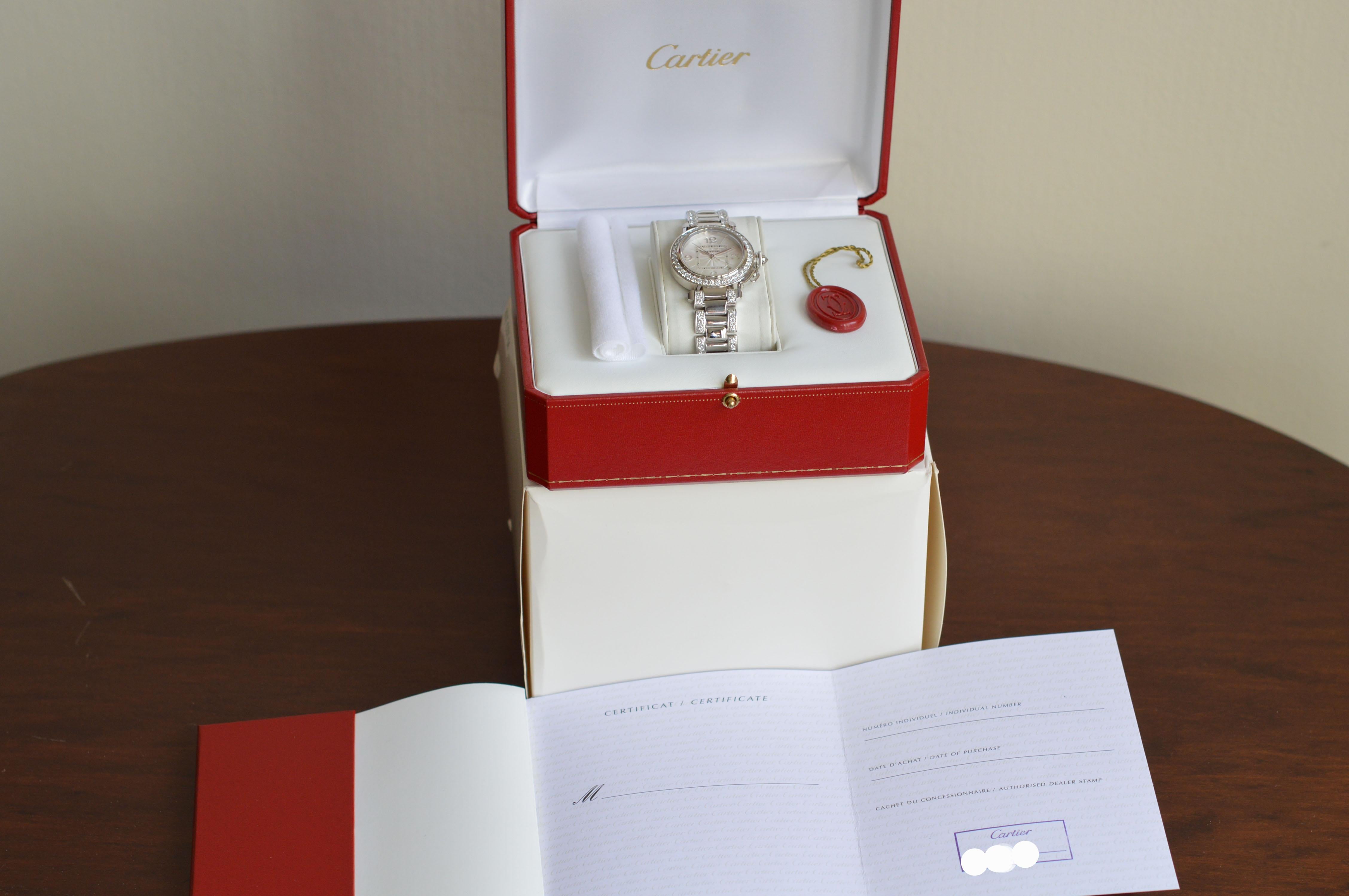Cartier Pasha 18k White Gold Diamond Bezel and link Unworn Full Set In New Condition For Sale In Geneva, CH