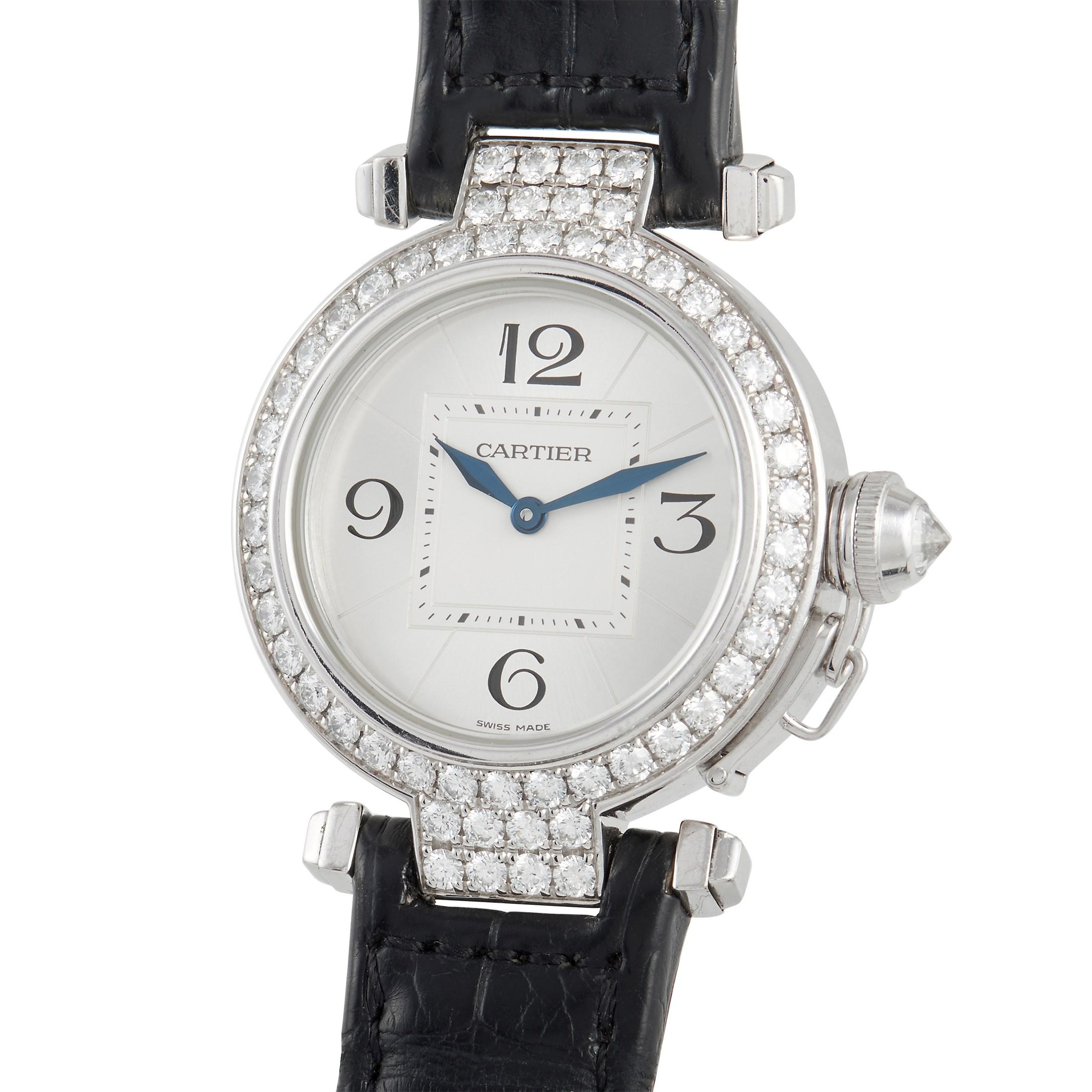 The Cartier Pasha Diamond Ladies Watch, reference number 2813, is the picture of elegance. 

The beauty of this ladies watch, begins with the 32mm case made from 18K White Gold, which provides the perfect backdrop for a bezel covered in glittering