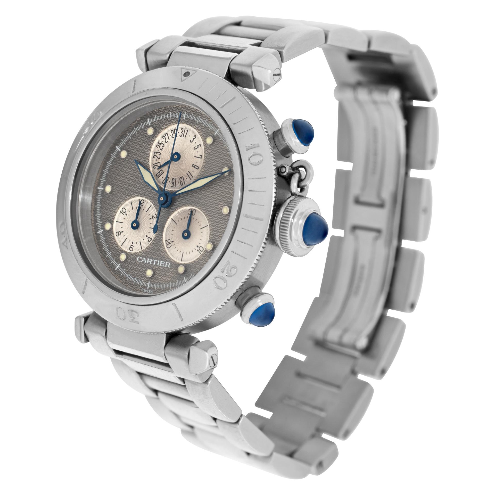 Cartier Pasha 35 Chronograph in stainless steel with grey dial and dot markers. Quartz on steel link bracelet. Ref 1352 1. Circa 2000s. Fine Pre-owned Cartier Watch. Certified preowned Sport Cartier Pasha 35 1352 1 watch is made out of Stainless