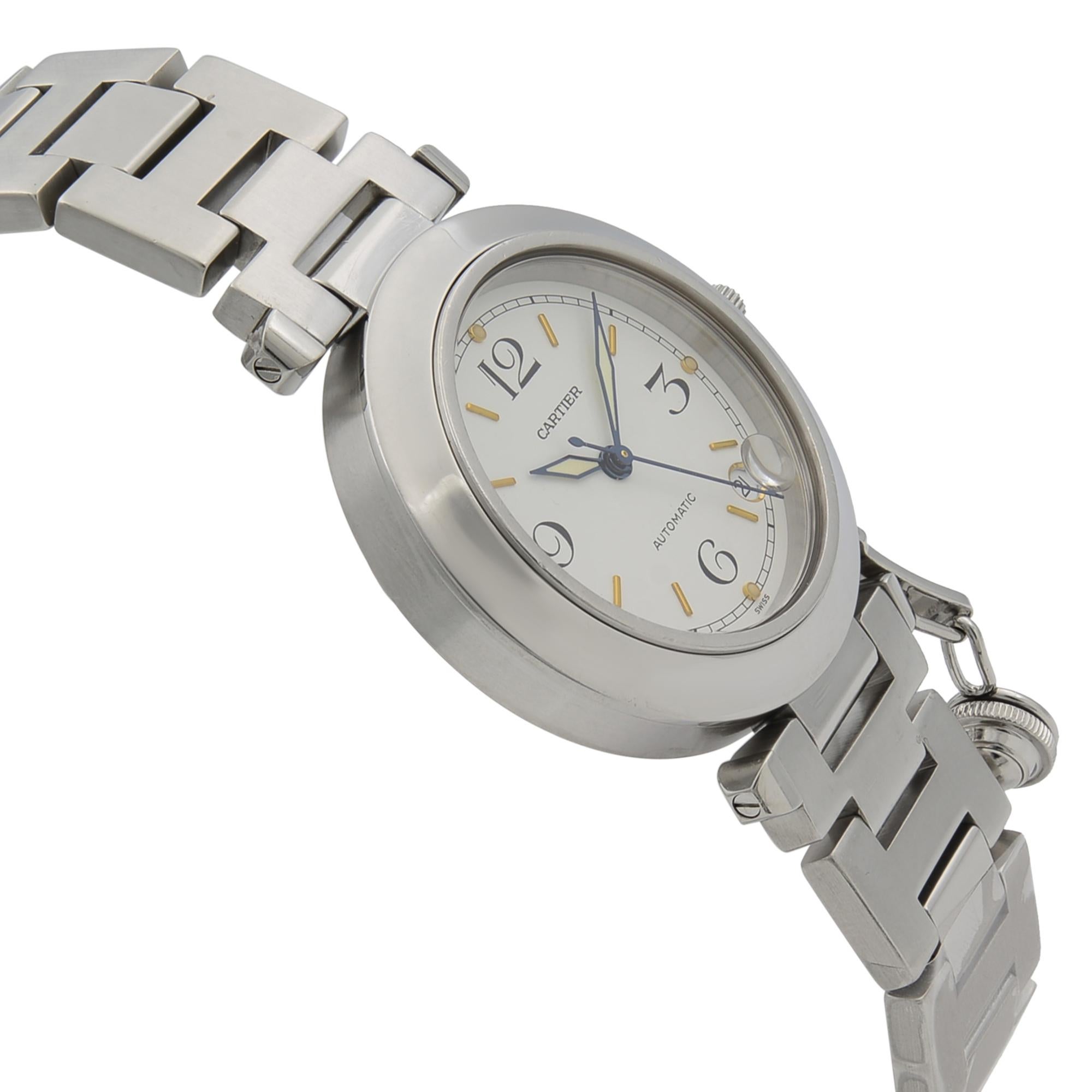 Cartier Pasha Edelstahl weißes Zifferblatt automatische mittelgroße Uhr 1031 Damen