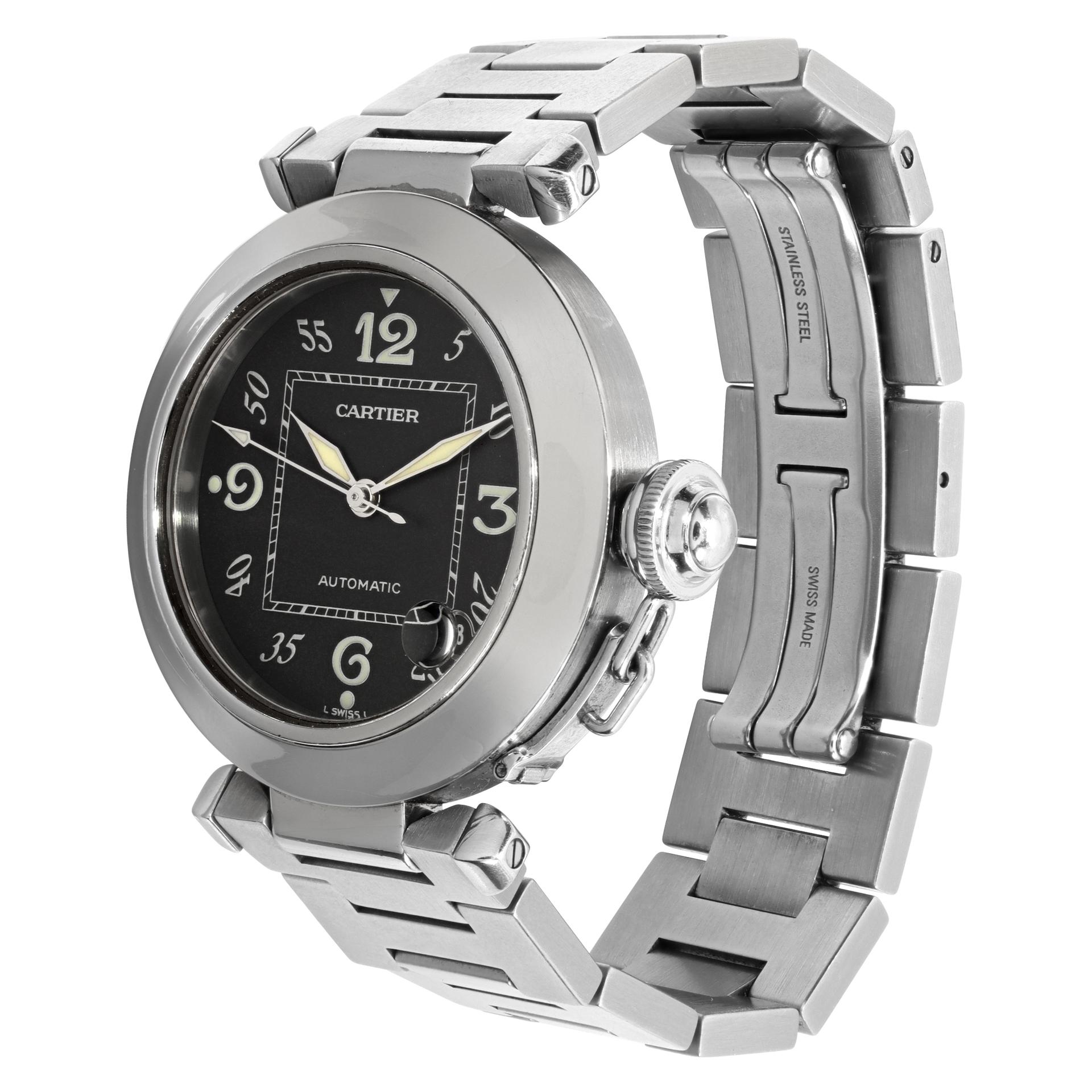 Cartier Pasha in Stainless Steel with a black dial. Auto w/ sweep seconds and date. 35 mm case size. Ref W31043M7. Circa 1990s. Fine Pre-owned Cartier Watch.

 Certified preowned Classic Cartier Pasha W31043M7 watch is made out of Stainless steel on