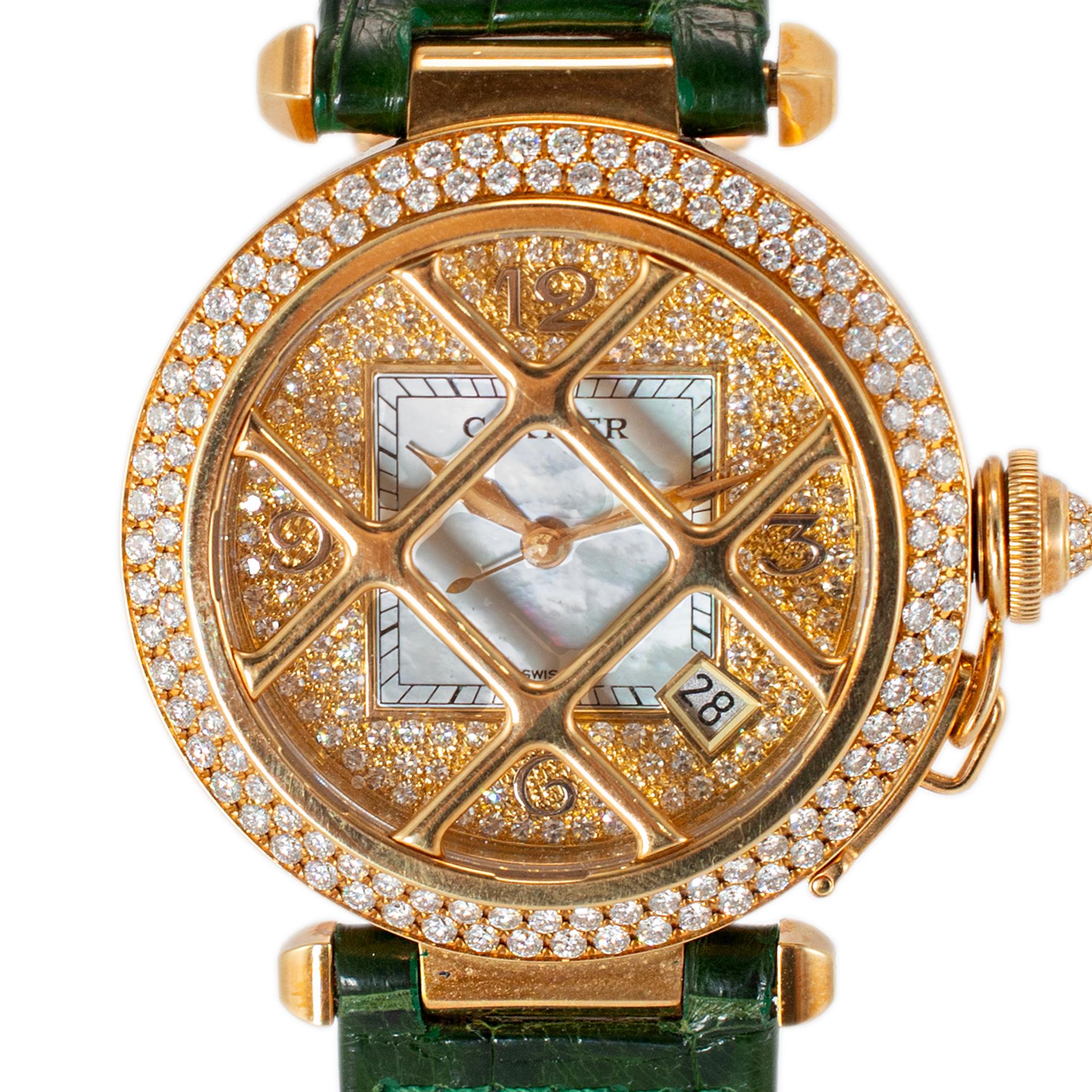Marke: Cartier

Metall Typ: 18K Gelbgold

Durchmesser: 38,00 mm

Gewichte: 101,15 Gramm

Eine Schweizer Cartier Armbanduhr aus 18 Karat Gelbgold mit Diamanten und Originalbox.  Die Marke 