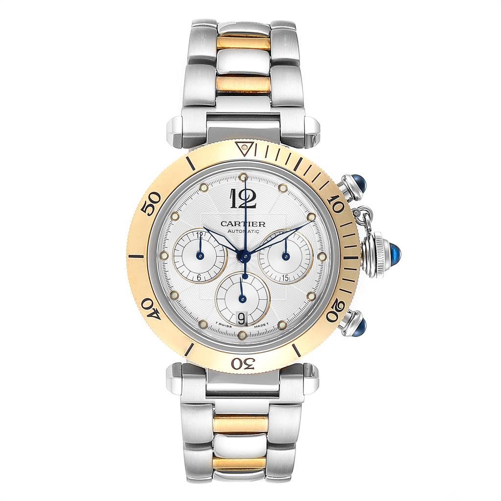 Cartier Pasha Chronograph Steel Yellow Gold Mens Watch W31036T6. Automatic self-winding chronograph movement. Round stainless steel case 38.0 mm in diameter. Crown cover with blue spinel. Transparent exhibition case back. 18K yellow gold