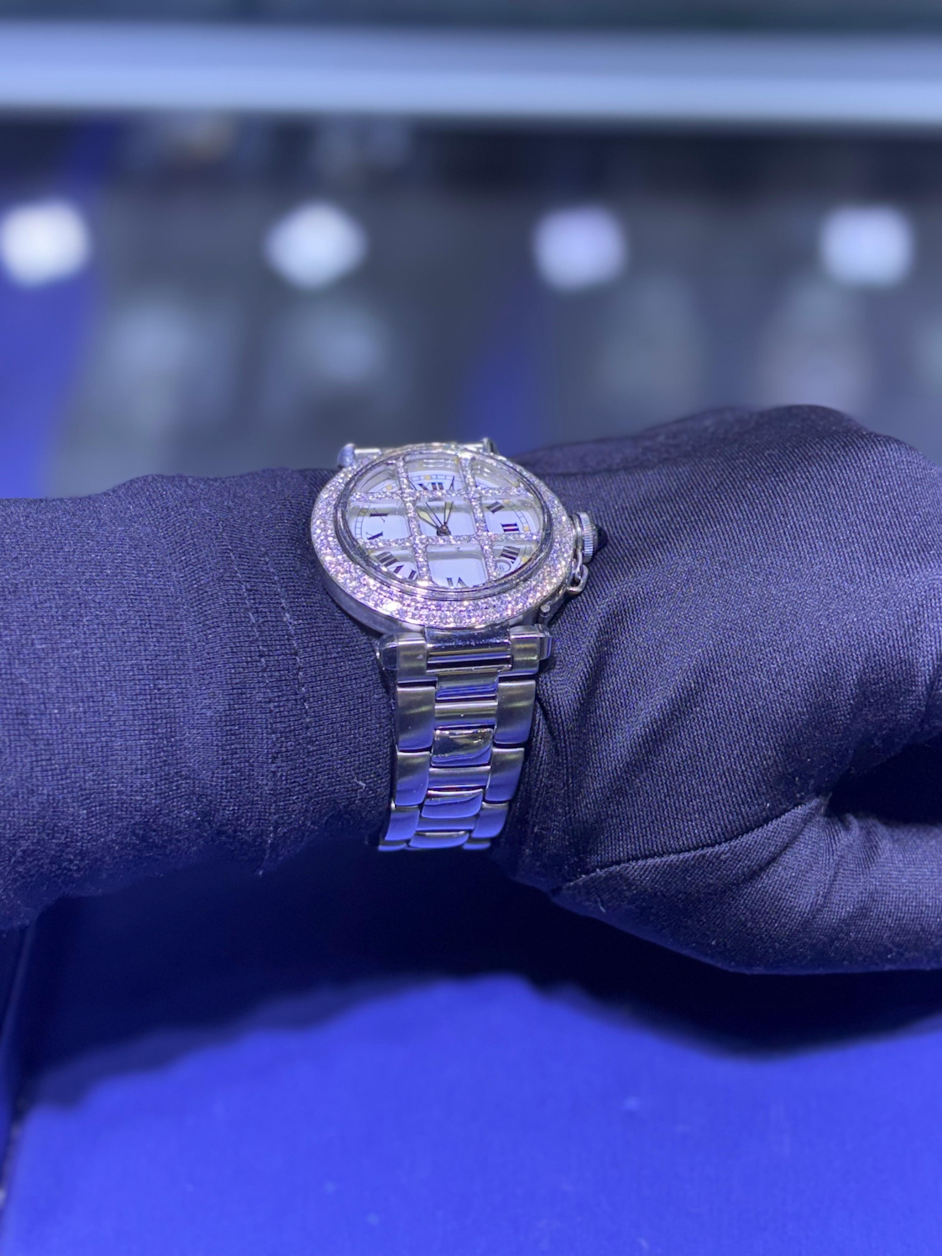 Montre Cartier Pasha 38 mm en acier inoxydable avec cadran romain de diamants Aftermarket en vente 4
