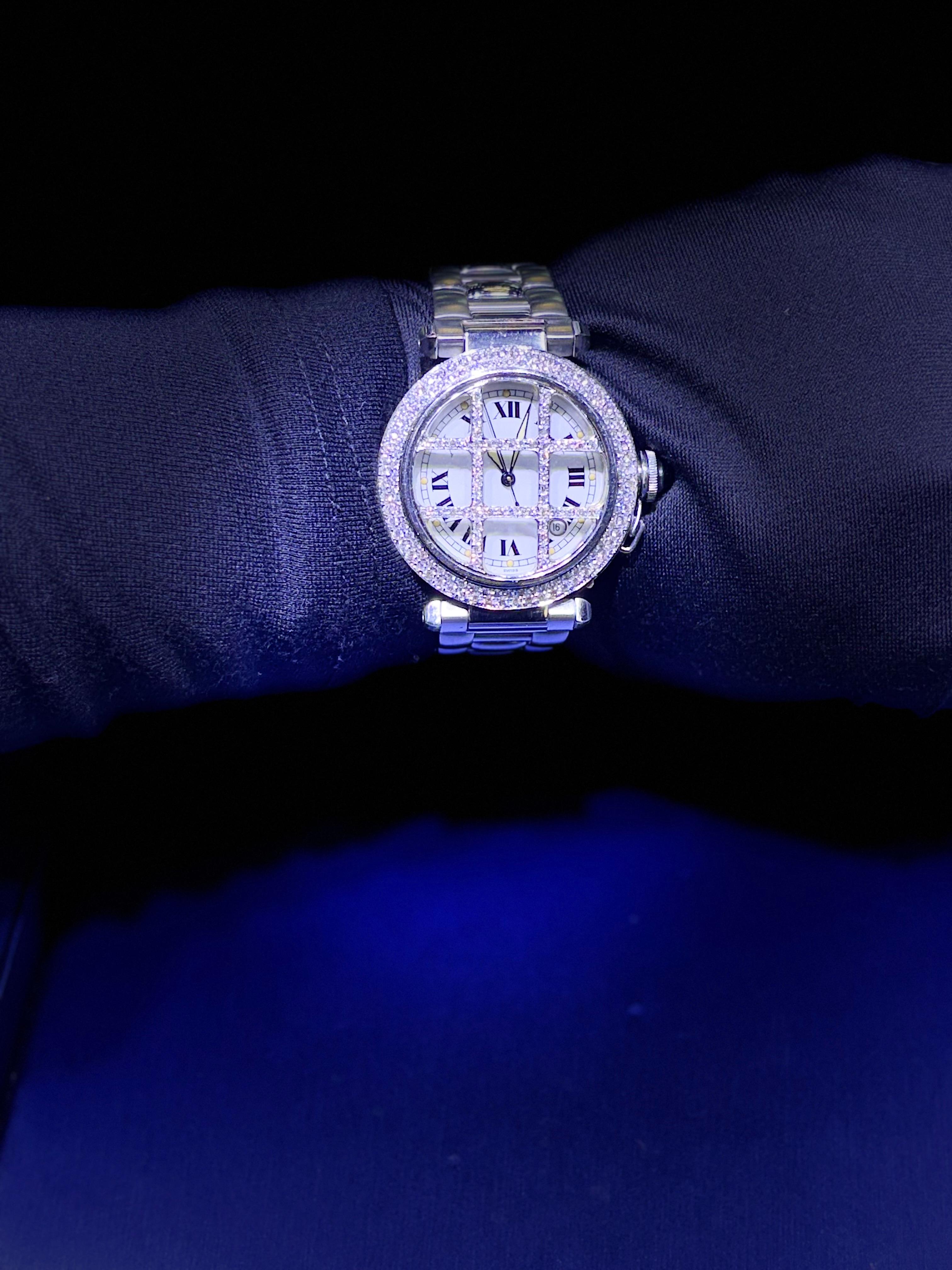 Montre Cartier Pasha 38 mm en acier inoxydable avec cadran romain de diamants Aftermarket en vente 6