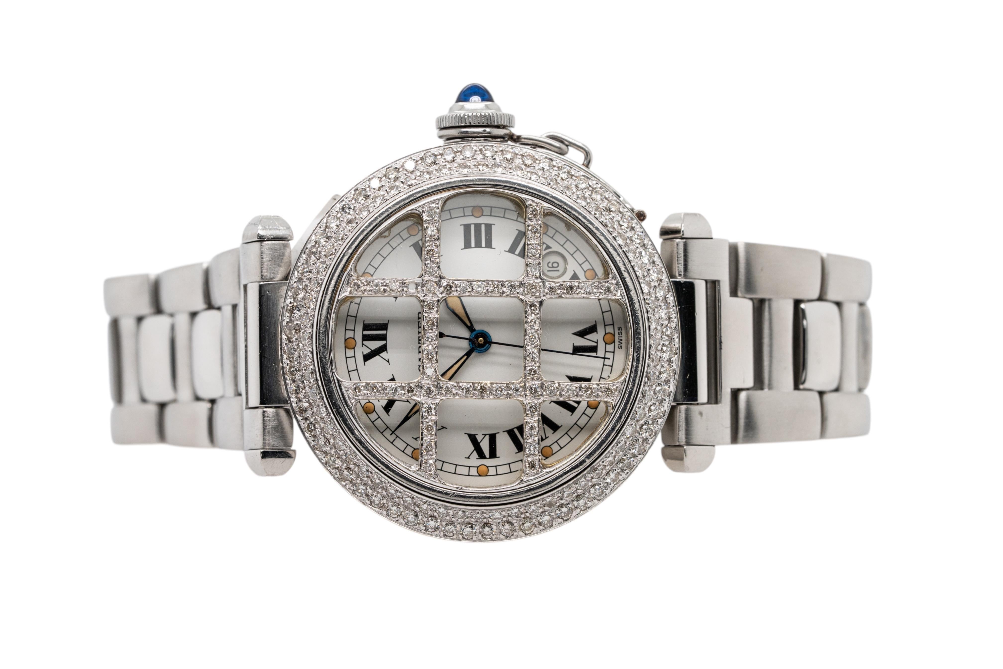 Taille ronde Montre Cartier Pasha 38 mm en acier inoxydable avec cadran romain de diamants Aftermarket en vente