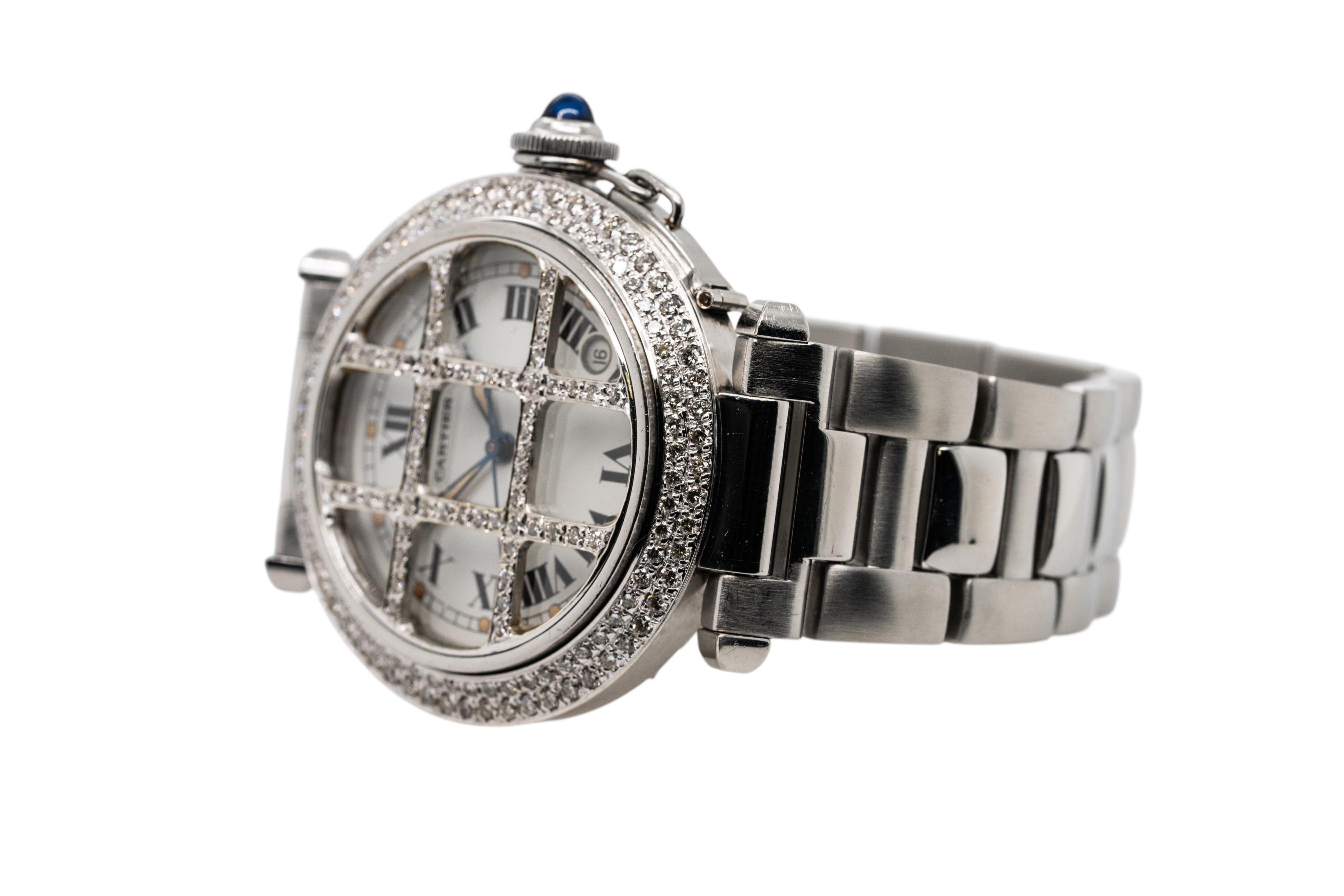 Montre Cartier Pasha 38 mm en acier inoxydable avec cadran romain de diamants Aftermarket Excellent état - En vente à Boca Raton, FL