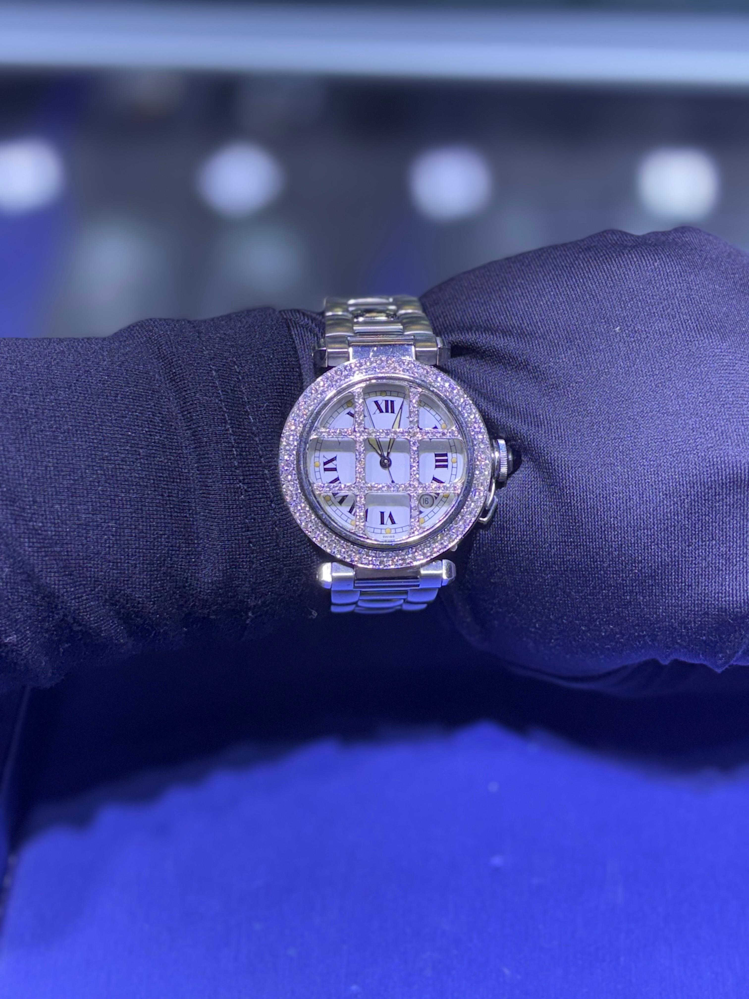 Montre Cartier Pasha 38 mm en acier inoxydable avec cadran romain de diamants Aftermarket en vente 3