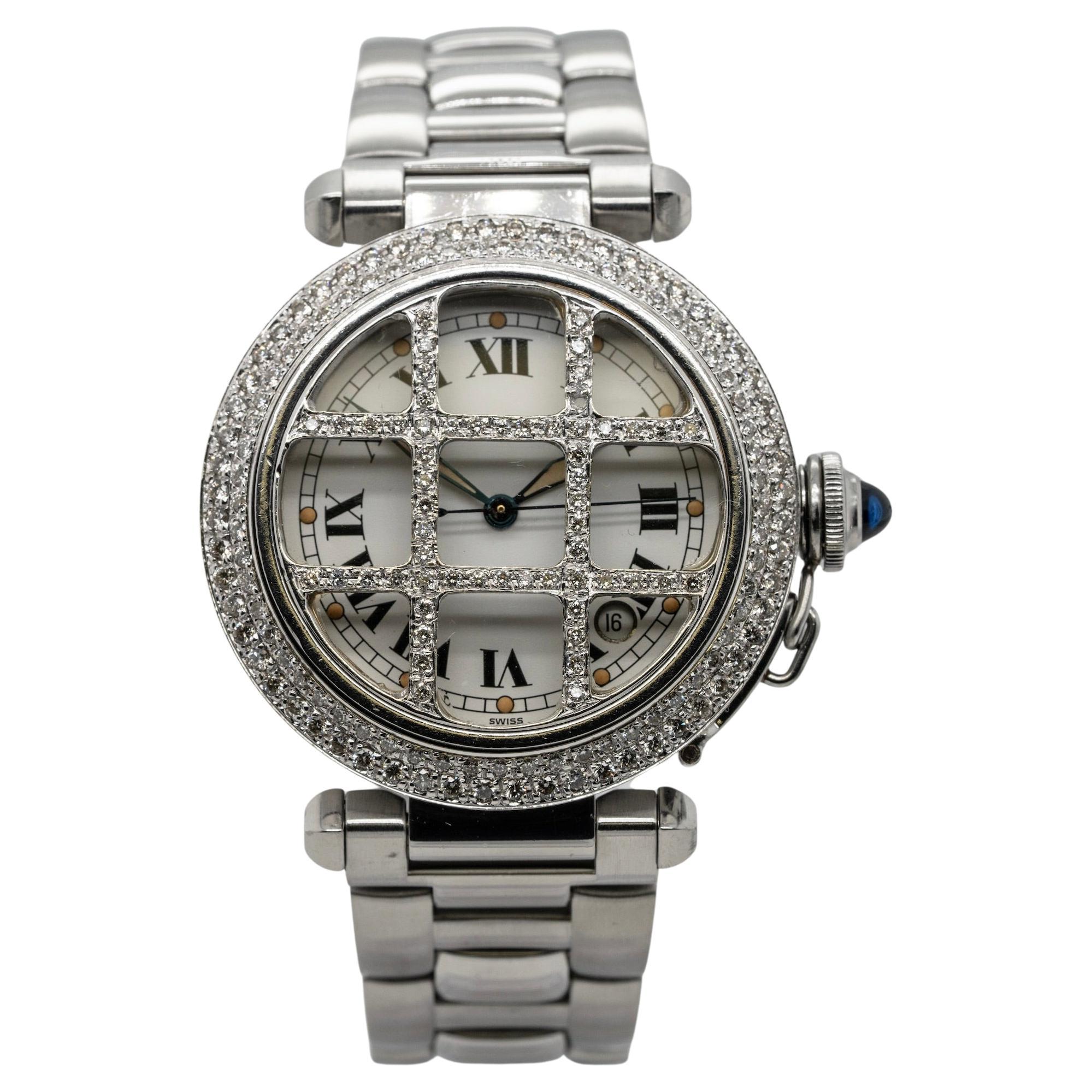 Cartier Pasha 38mm Stainless Steel Watch with Aftermarket Diamonds Roman Dial