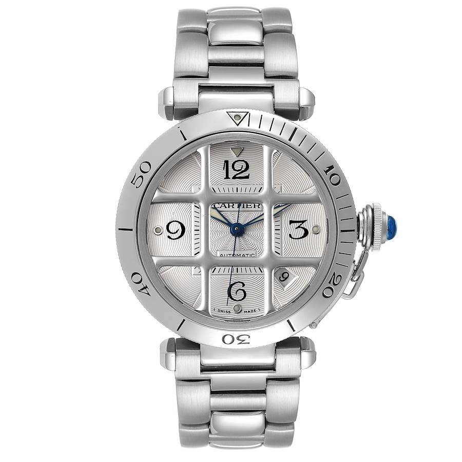 Cartier Pasha 38mm Silver Dial Steel Grid Unisex Watch W31040H3. Automatic self-winding movement. Round stainless steel case 38.0 mm in diameter. Crown cover with blue spinel cabochon. Removable stainless steel grid. Unidirectional rotative bezel
