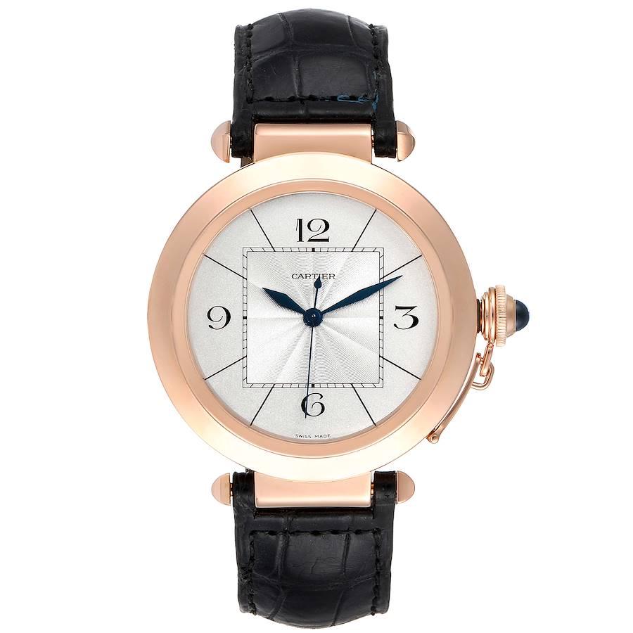 Cartier Pasha 42 Silver Dial Rose Gold Mens Watch W3019351 Box Papers. Automatic self-winding movement. 18K rose gold case 42 mm in diameter. Case back with 8 screws. Vendome lugs. Winding-crown protection cap. Crown set with blue ssapphire