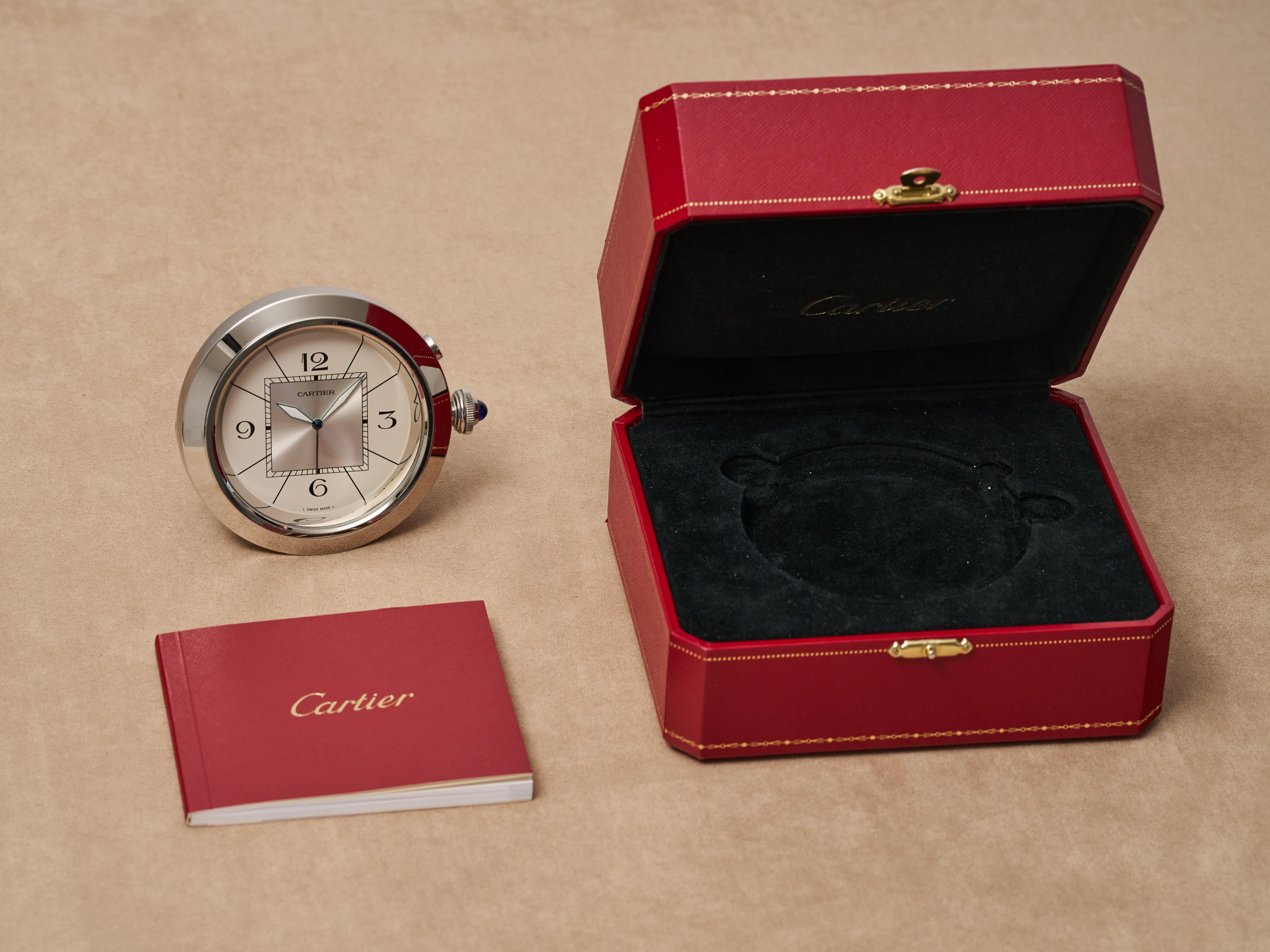 Cartier Pasha Alarm Clock for Desk or Mantle Stainless Steel 3090 Box & Papers 6