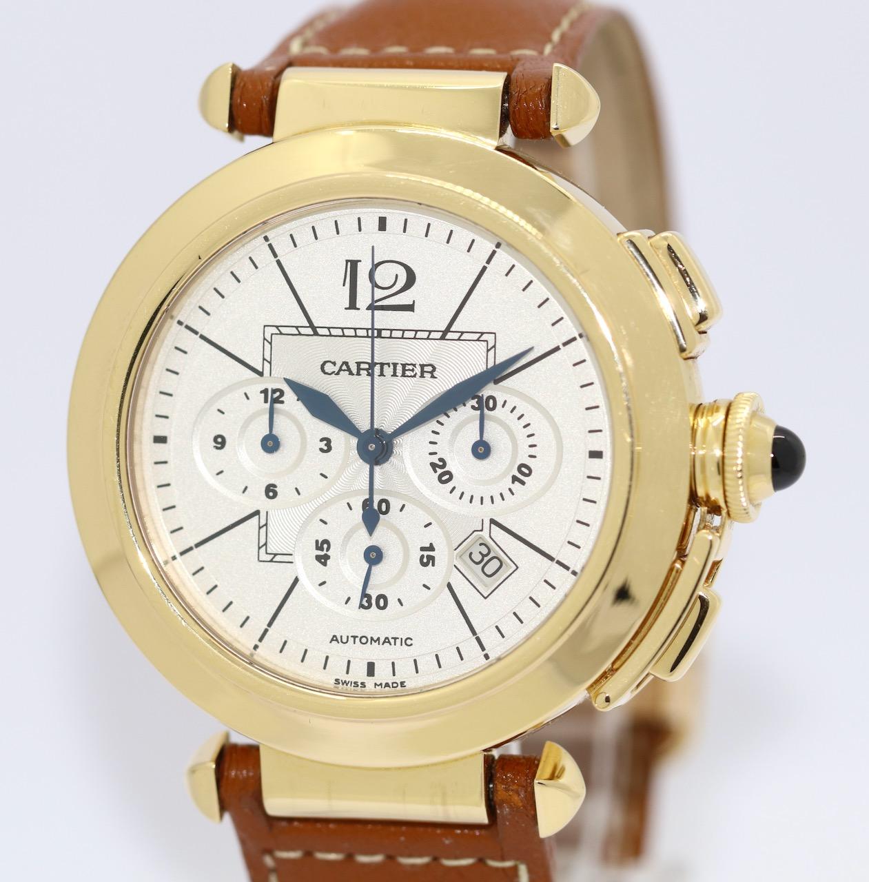 Beautiful and modern Cartier Pasha Automatic Chronograph 18 Karat Gold.
Diameter without crown 42mm

Case and Clasp 18 Karat solid Gold.

Including certificate of authenticity.