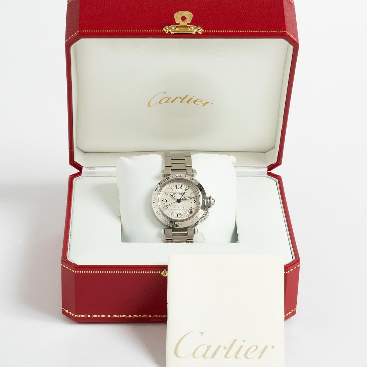 Our Cartier Pasha automatic with date and GMT functions, reference 2377, features a 35.5mm stainless steel case and stainless steel bracelet. Presented in excellent condition with only light signs of use overall, we date this classic Pasha to