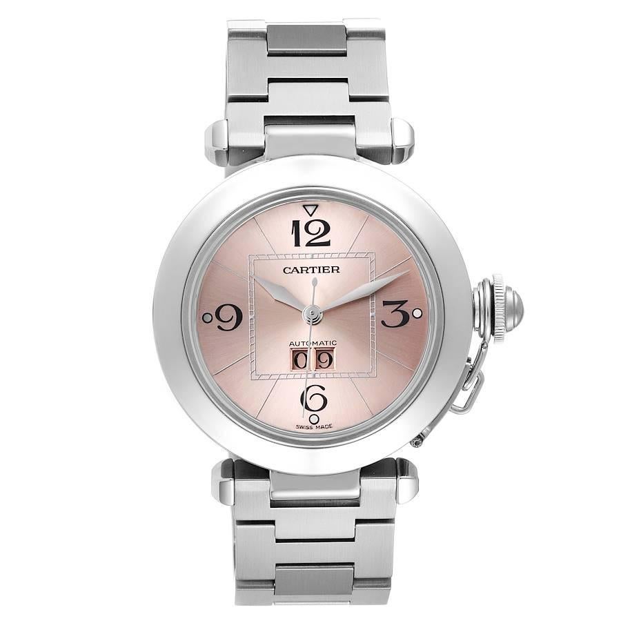 Cartier Pasha Big Date 35mm Pink Dial Steel Ladies Watch W31058M7 Box Papers. Automatic self-winding movement. Round stainless steel case 35.0 mm in diameter. Case back with 8 screws. Vendome lugs. Winding-crown protection cap. Stainless steel