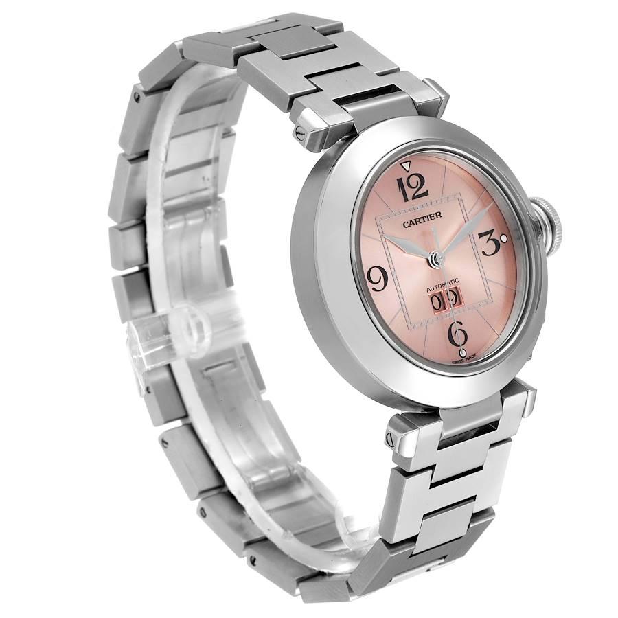 Cartier Pasha Big Date Pink Dial Steel Ladies Watch W31058M7 Box Papers In Excellent Condition For Sale In Atlanta, GA