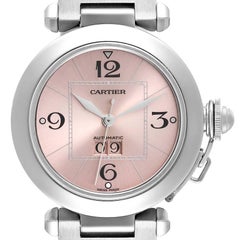 Cartier Pasha Big Date 35mm Pink Dial Steel Ladies Watch W31058M7 Box Papers