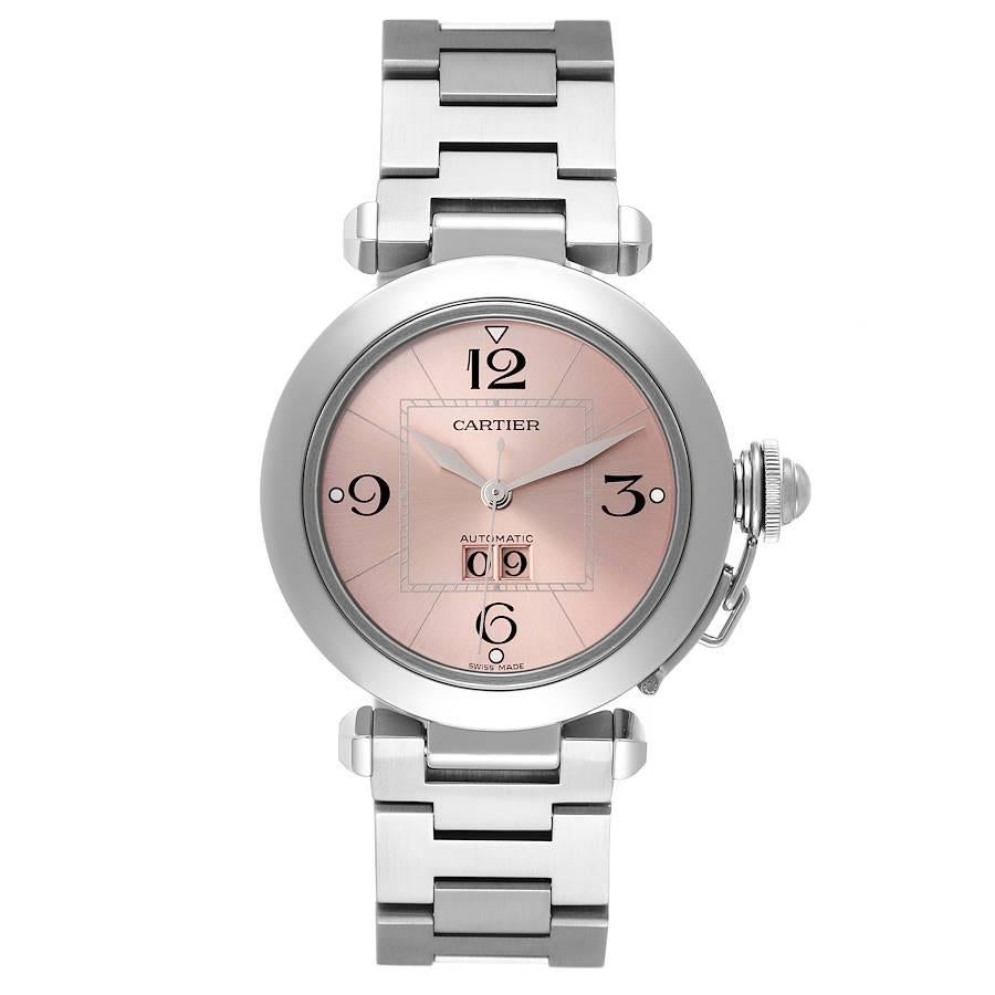 Cartier Pasha Big Date 35mm Pink Dial Steel Ladies Watch W31058M7. Automatic self-winding movement. Round stainless steel case 35.0 mm in diameter. Case back with 8 screws. Vendome lugs. Winding-crown protection cap. Stainless steel concave bezel.