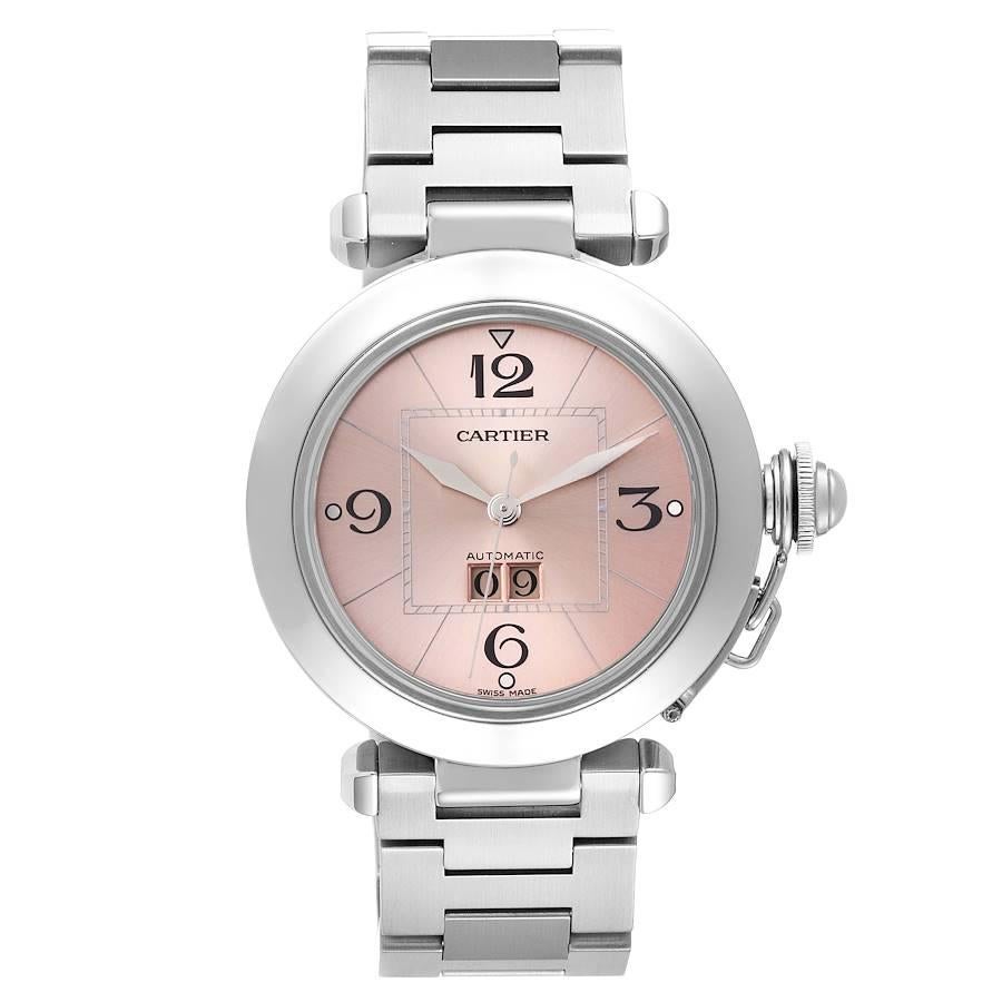 Cartier Pasha Big Date 35mm Pink Dial Steel Ladies Watch W31058M7. Automatic self-winding movement. Round stainless steel case 35.0 mm in diameter. Case back with 8 screws. Vendome lugs. Winding-crown protection cap. Stainless steel concave bezel.
