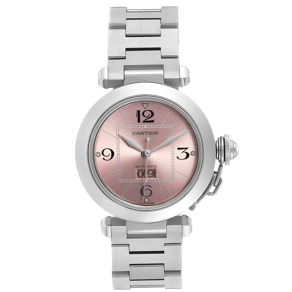 Cartier Pasha Big Date Pink Dial Medium Steel Ladies Watch W31058M7. Automatic self-winding movement. Round three-body polished and brushed stainless steel case 35.0 mm in diameter. Case back with 8 screws. Vendome lugs. Winding-crown protection