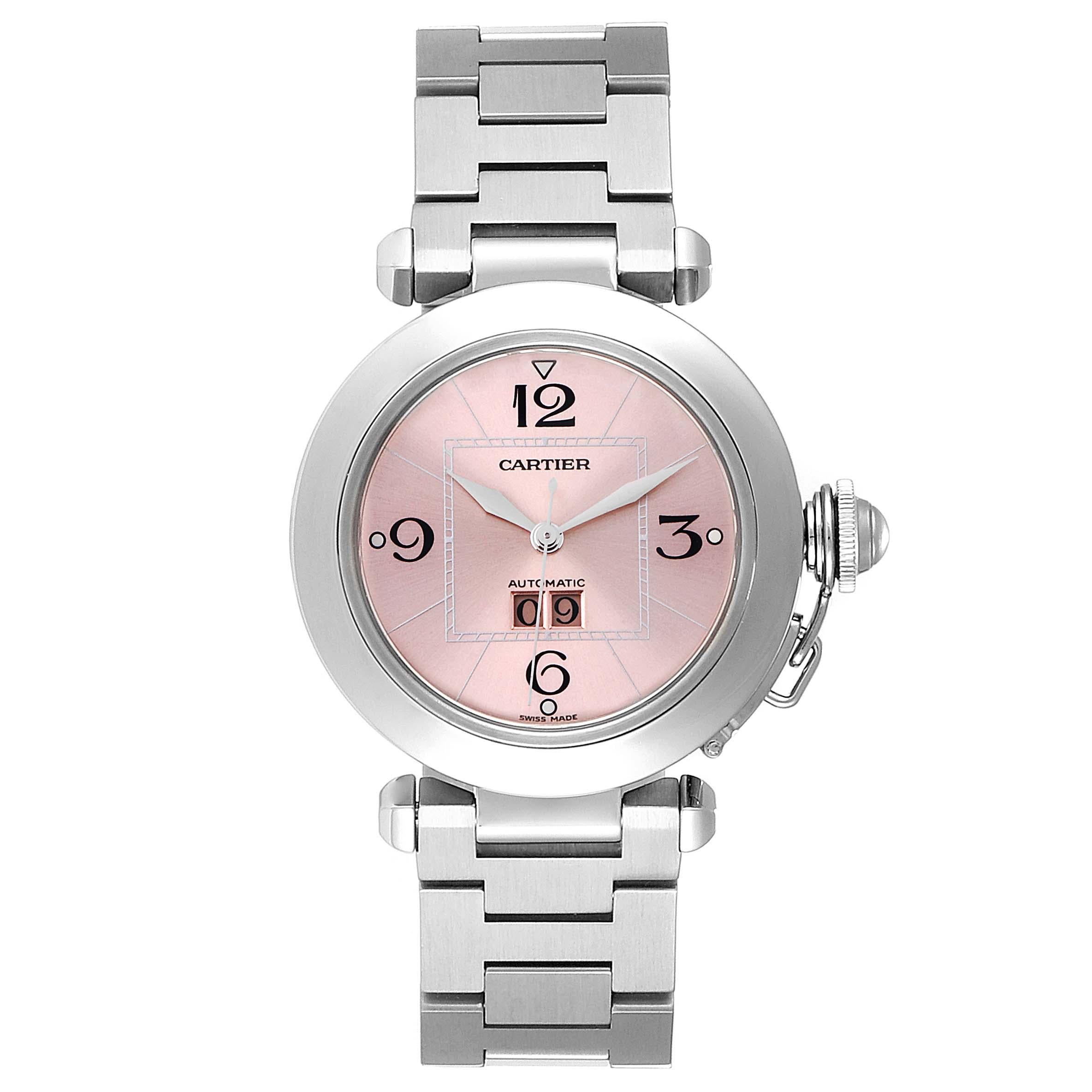Cartier Pasha Big Date Pink Dial Steel Ladies Watch W31058m7 Box Papers For Sale At 1stdibs