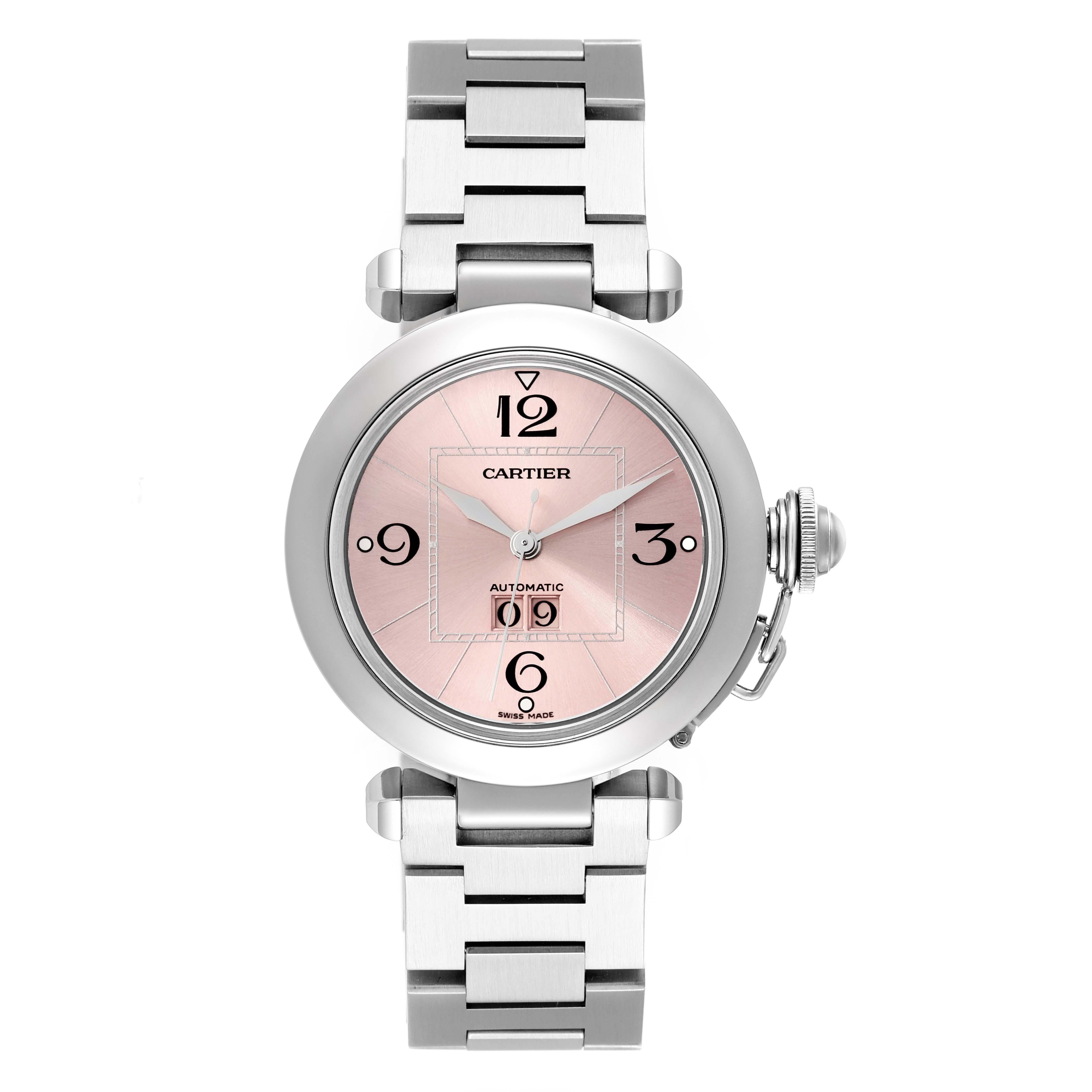 Cartier Pasha Big Date Pink Dial Steel Ladies Watch W31058M7 Box Papers. Automatic self-winding movement. Round stainless steel case 35.0 mm in diameter. Case back with 8 screws. Vendome lugs. Winding-crown protection cap. Stainless steel concave