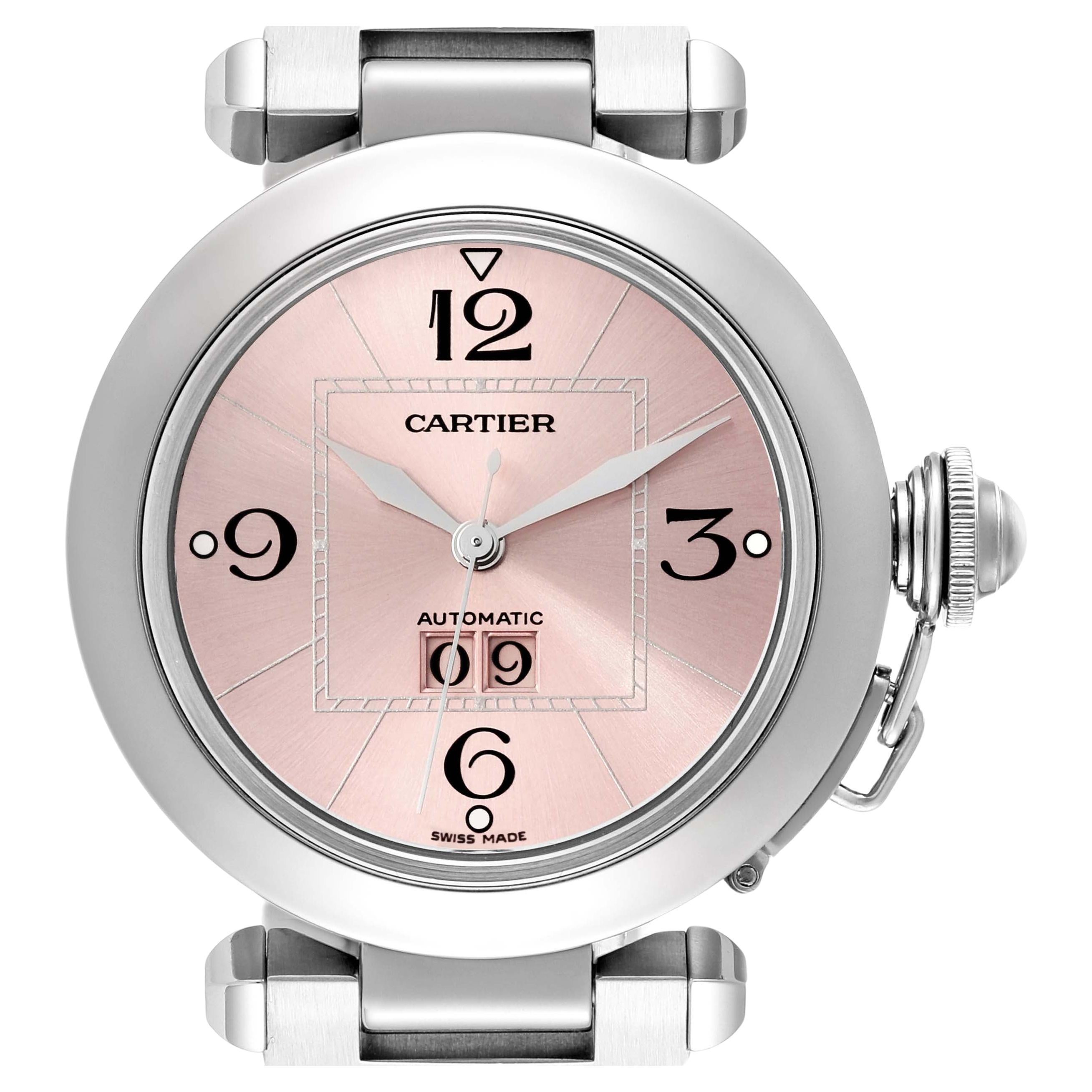 Cartier Pasha Big Date Pink Dial Steel Ladies Watch W31058M7 Box Papers