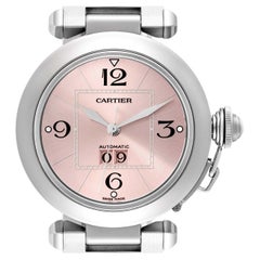 Cartier Pasha Big Date Pink Dial Steel Ladies Watch W31058M7 Box Papers