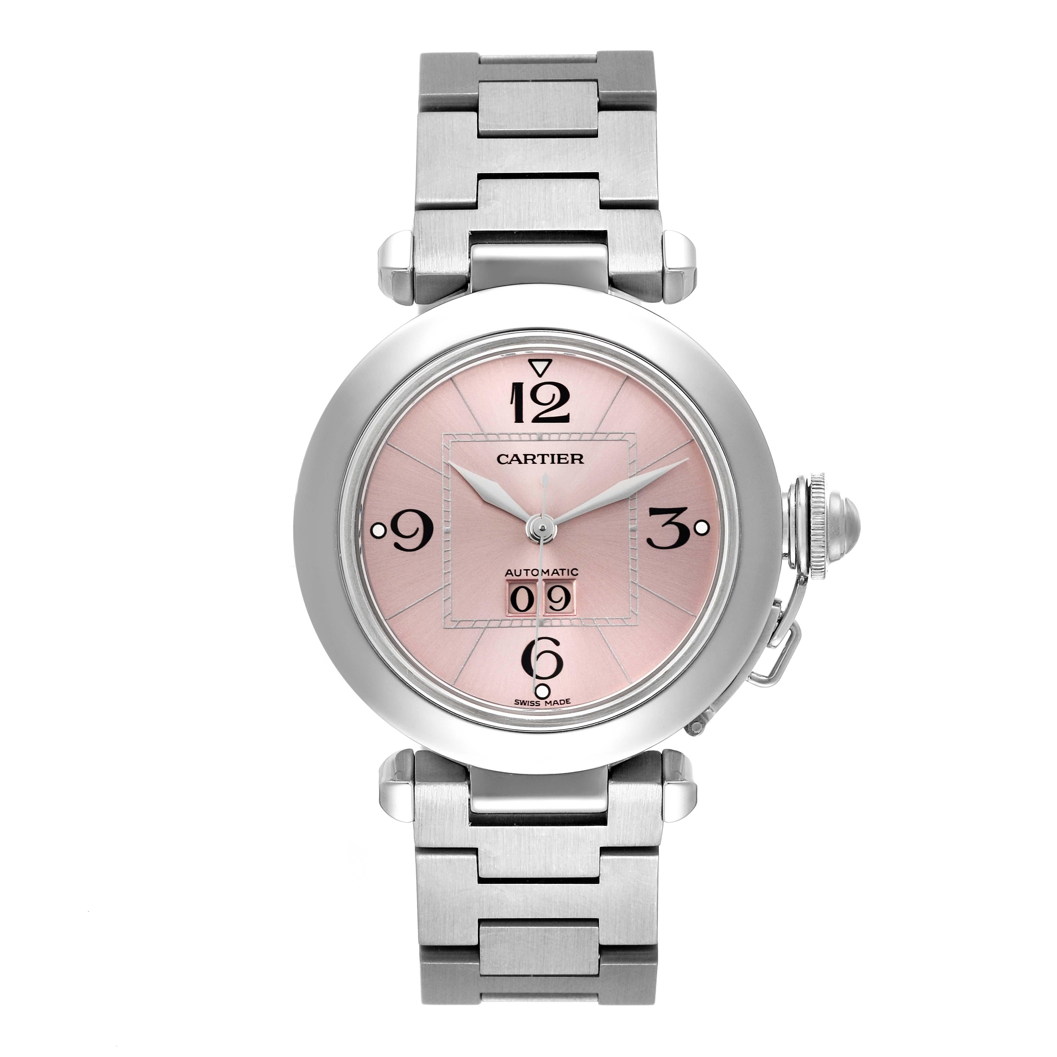 Cartier Pasha Big Date Pink Dial Steel Ladies Watch W31058M7. Automatic self-winding movement. Round stainless steel case 35.0 mm in diameter. Case back with 8 screws. Vendome lugs. Winding-crown protection cap. Stainless steel concave bezel.