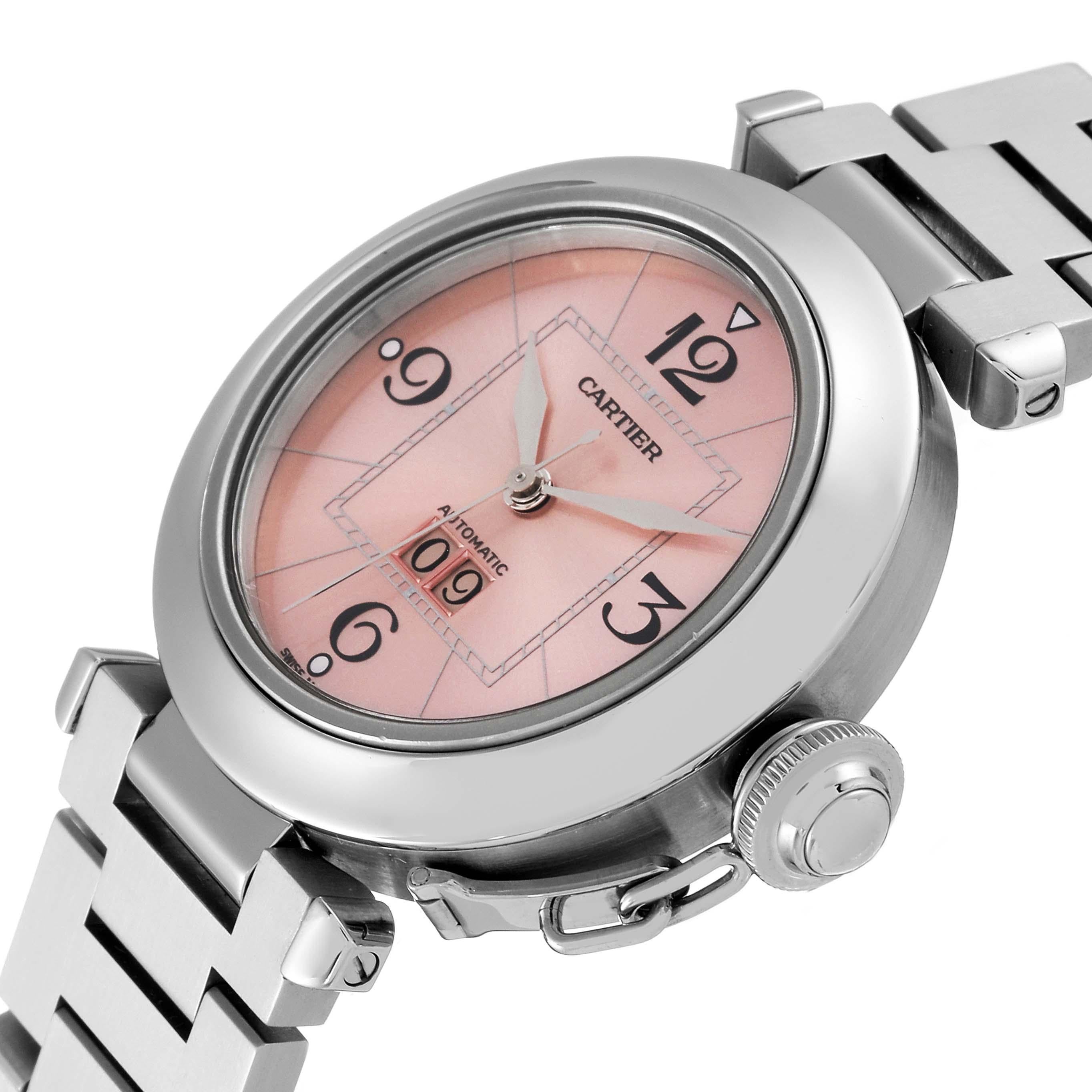 Cartier Pasha Big Date Pink Dial Steel Ladies Watch W31058M7. Automatic self-winding movement. Round stainless steel case 35.0 mm in diameter. Case back with 8 screws. Vendome lugs. Winding-crown protection cap. Stainless steel concave bezel.
