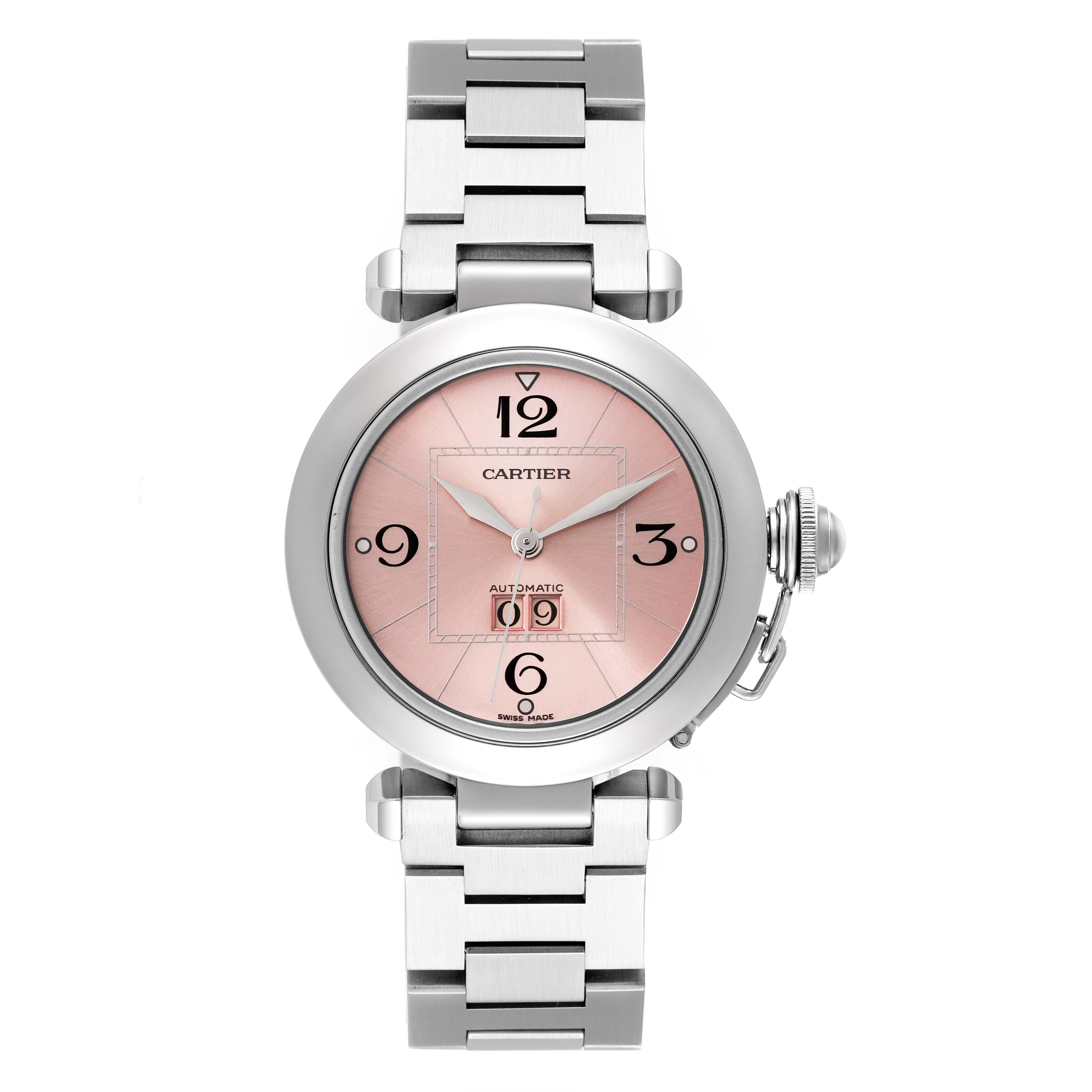 Cartier Pasha Big Date Pink Dial Steel Ladies Watch W31058M7 In Excellent Condition For Sale In Atlanta, GA