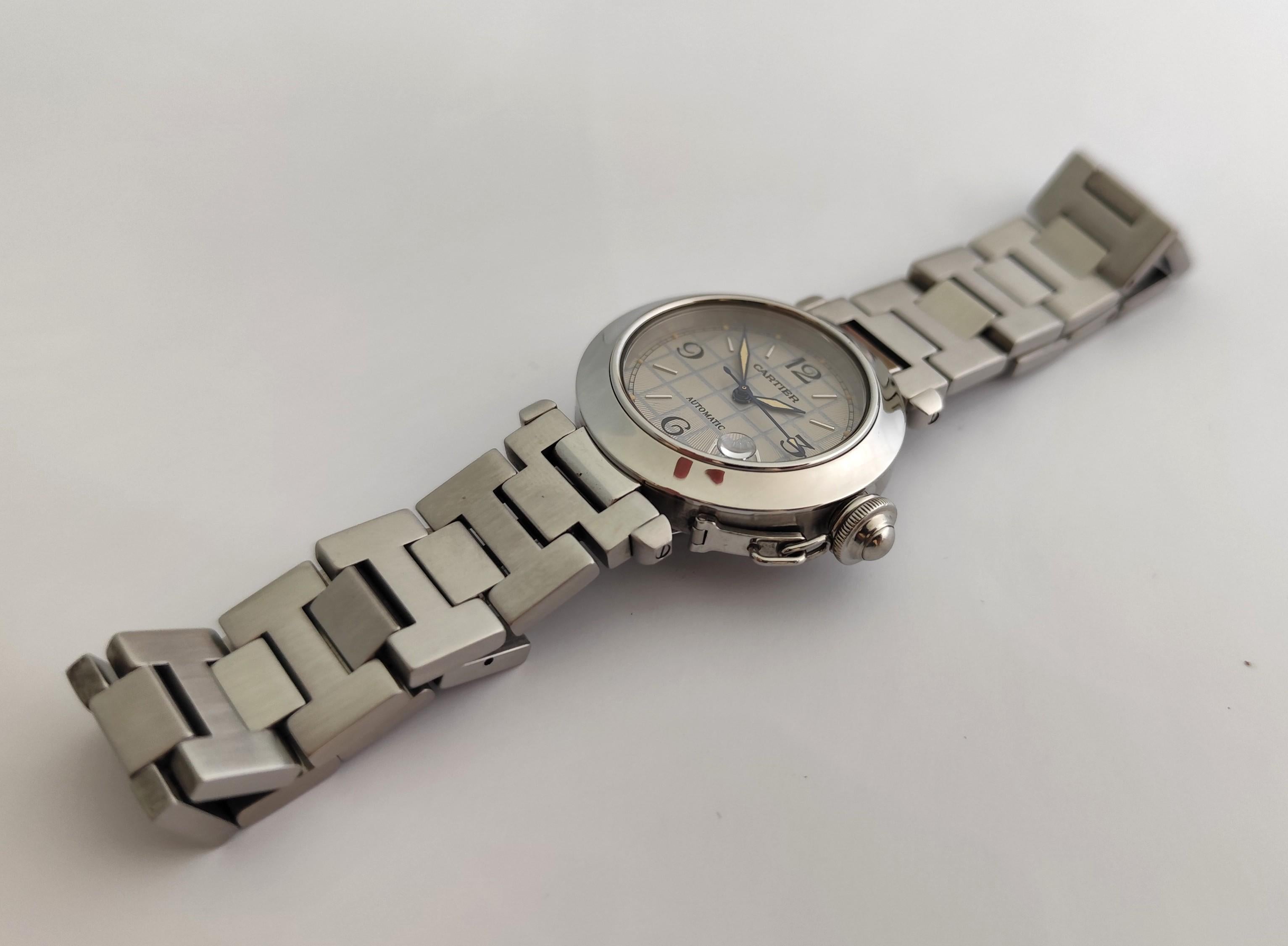 Cartier Pasha C 2324 Quadrante grigio a griglia in acciaio inossidabile Automatico 35 mm Orologio da Uomo in vendita 7