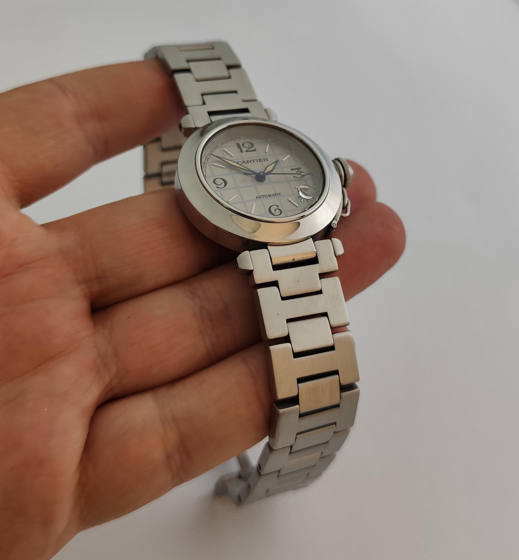 Cartier Pasha C 2324 Quadrante grigio a griglia in acciaio inossidabile Automatico 35 mm Orologio da Uomo in vendita 9