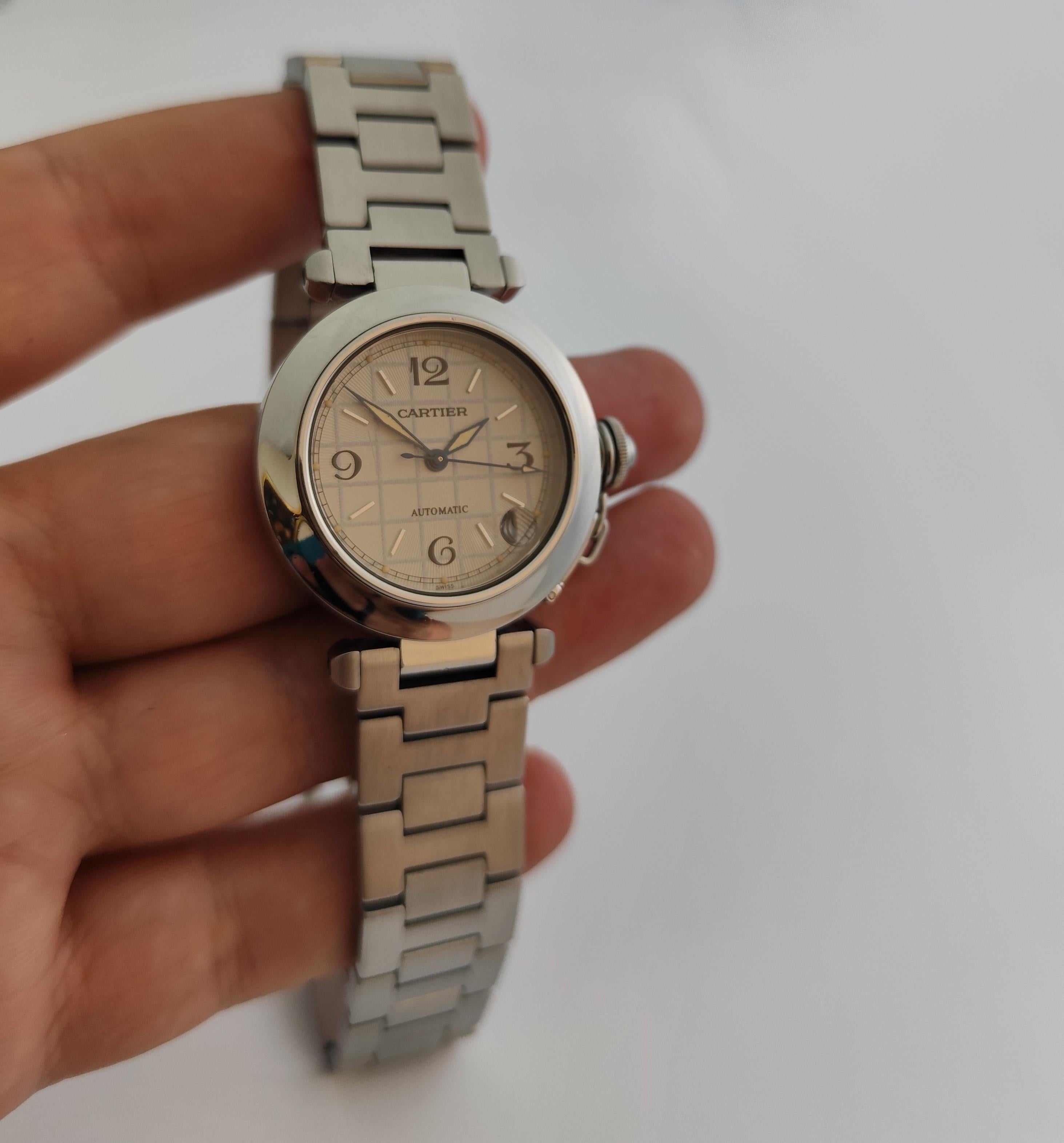 Cartier Pasha C 2324 Quadrante grigio a griglia in acciaio inossidabile Automatico 35 mm Orologio da Uomo in vendita 11