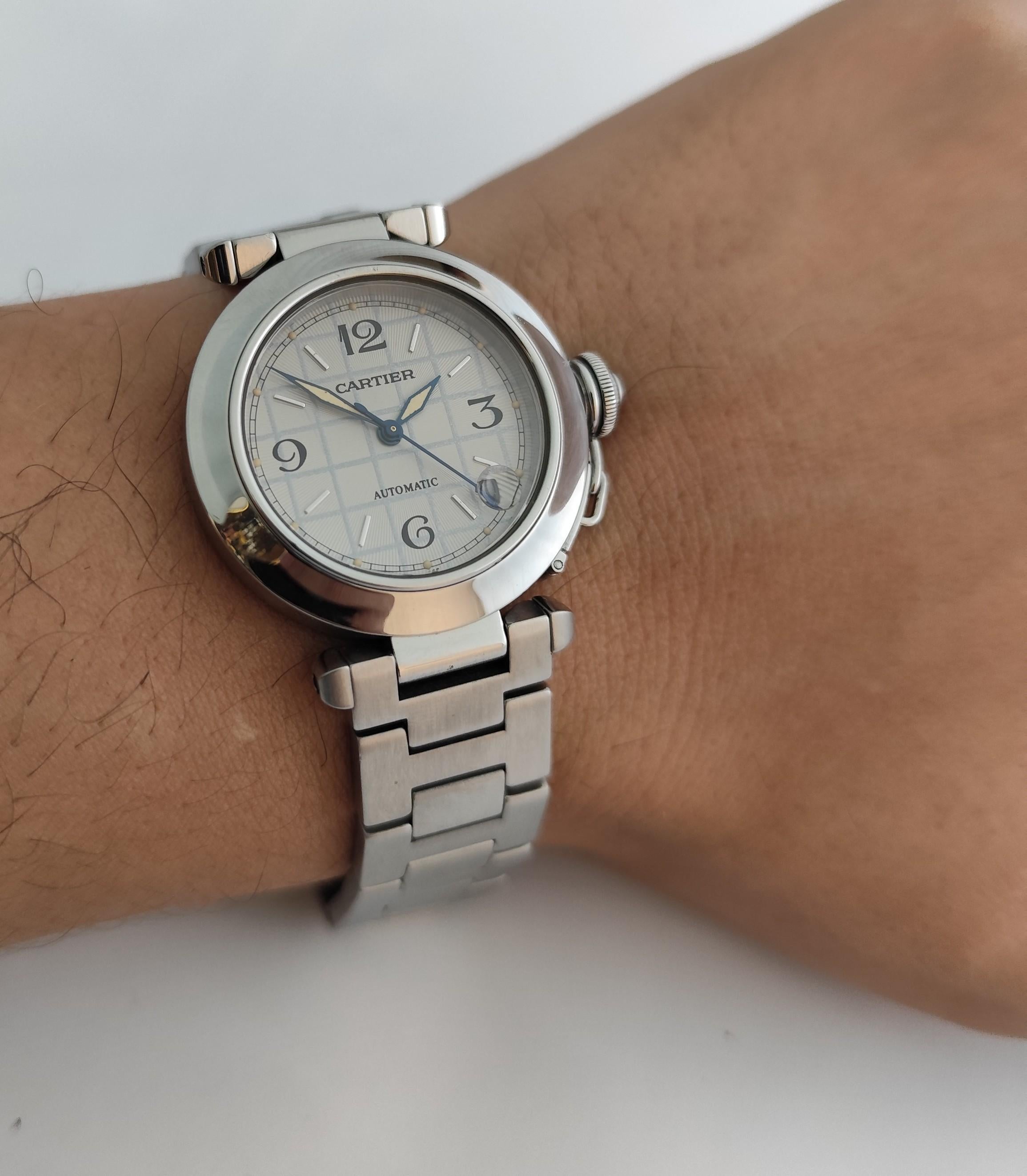 Cartier Pasha C 2324 Quadrante grigio a griglia in acciaio inossidabile Automatico 35 mm Orologio da Uomo in vendita 13