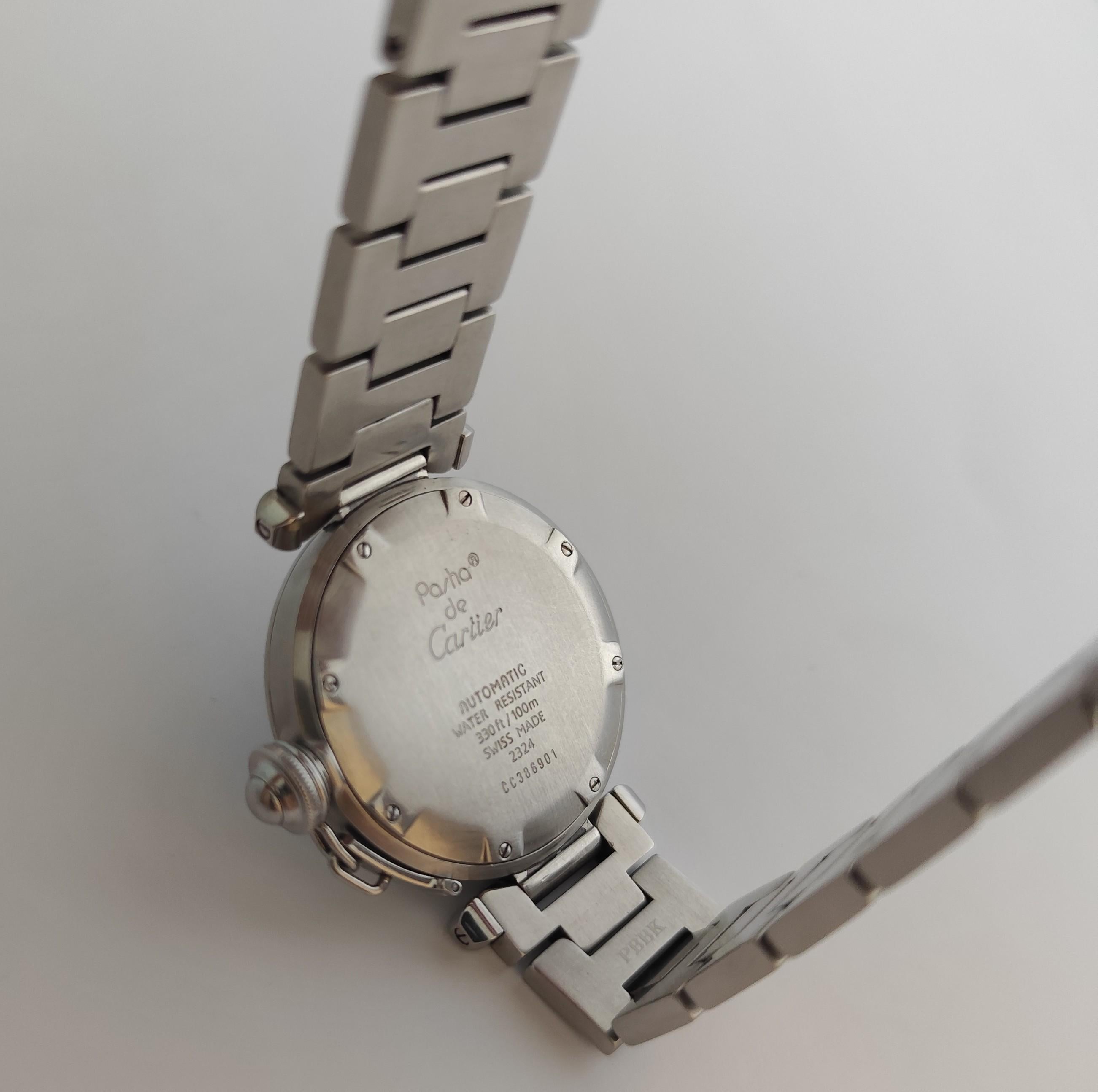 Cartier Pasha C 2324 Quadrante grigio a griglia in acciaio inossidabile Automatico 35 mm Orologio da Uomo in vendita 14