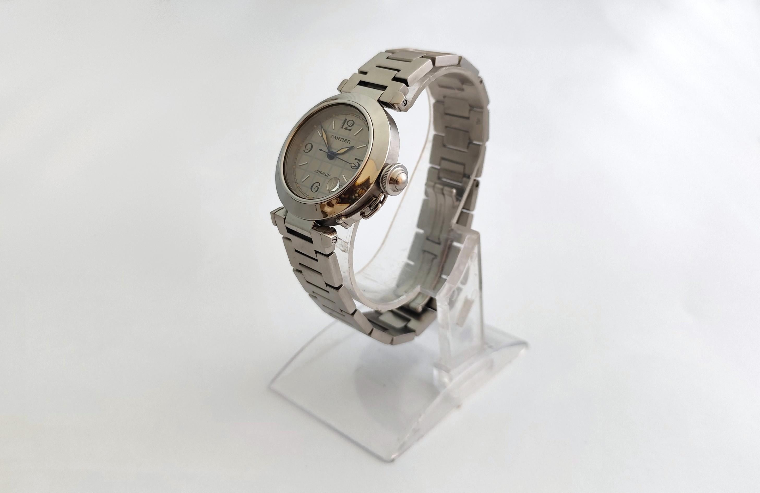 Cartier Pasha C 2324 Quadrante grigio a griglia in acciaio inossidabile Automatico 35 mm Orologio da Uomo in vendita 16