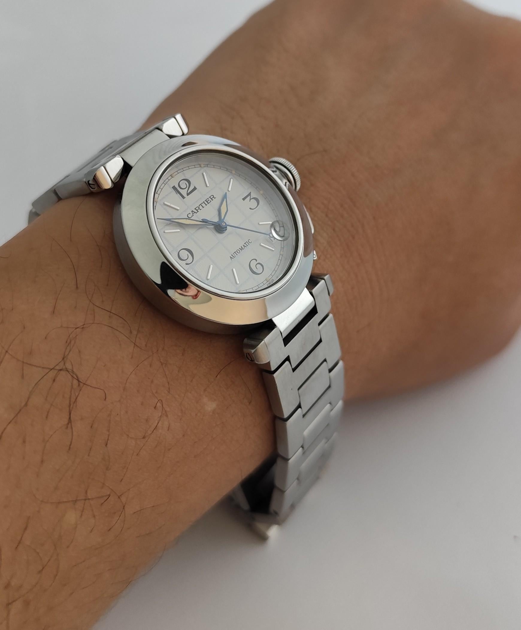 Cartier Pasha C 2324 Quadrante grigio a griglia in acciaio inossidabile Automatico 35 mm Orologio da Uomo In condizioni buone in vendita a Toronto, CA