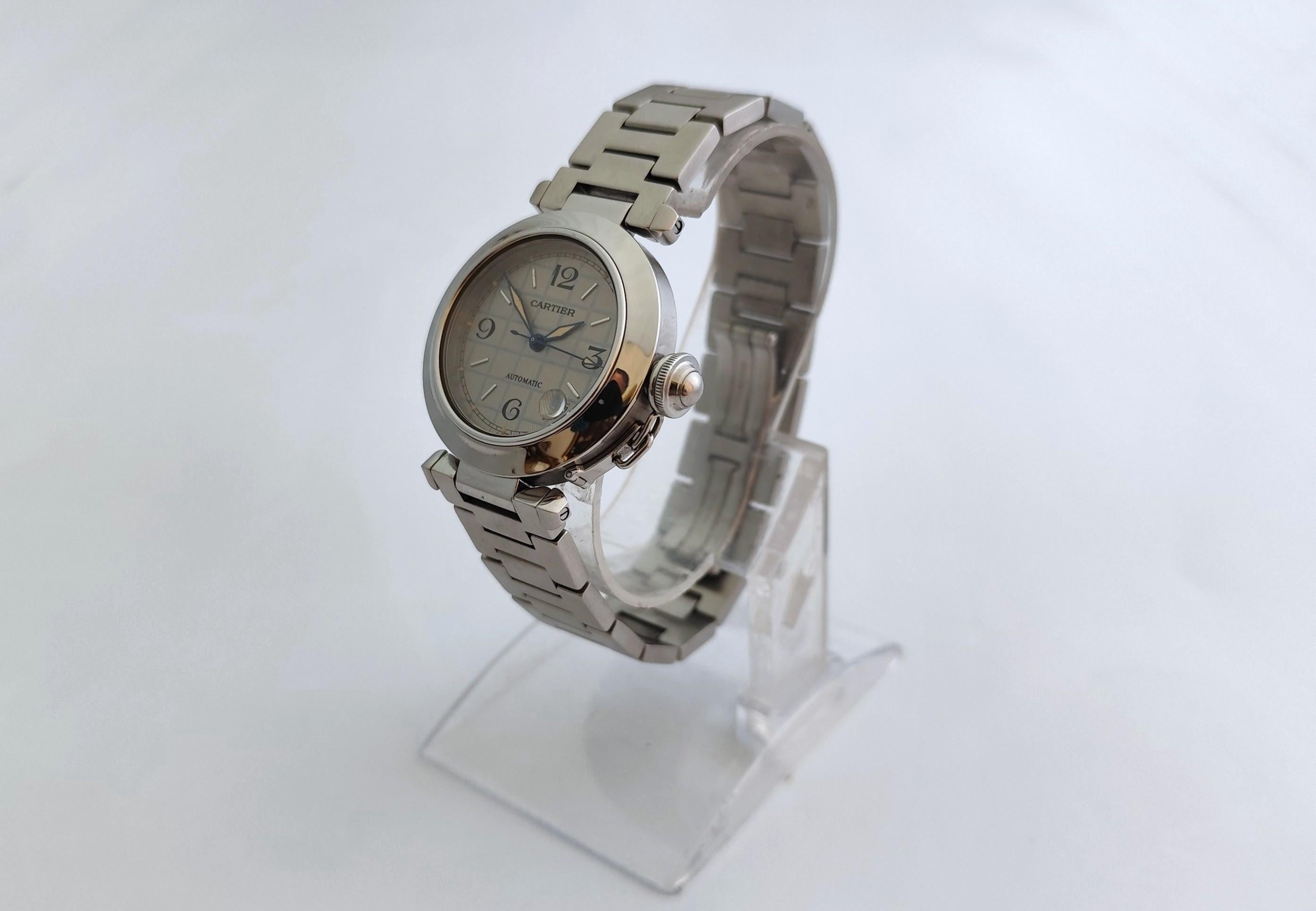 Cartier Pasha C 2324 Quadrante grigio a griglia in acciaio inossidabile Automatico 35 mm Orologio da Uomo in vendita 1