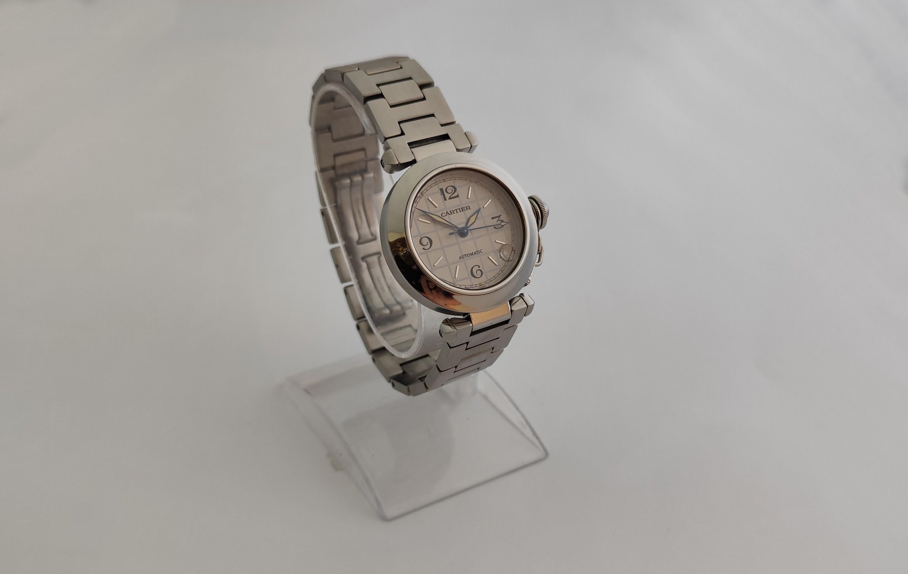 Cartier Pasha C 2324 Quadrante grigio a griglia in acciaio inossidabile Automatico 35 mm Orologio da Uomo in vendita 4