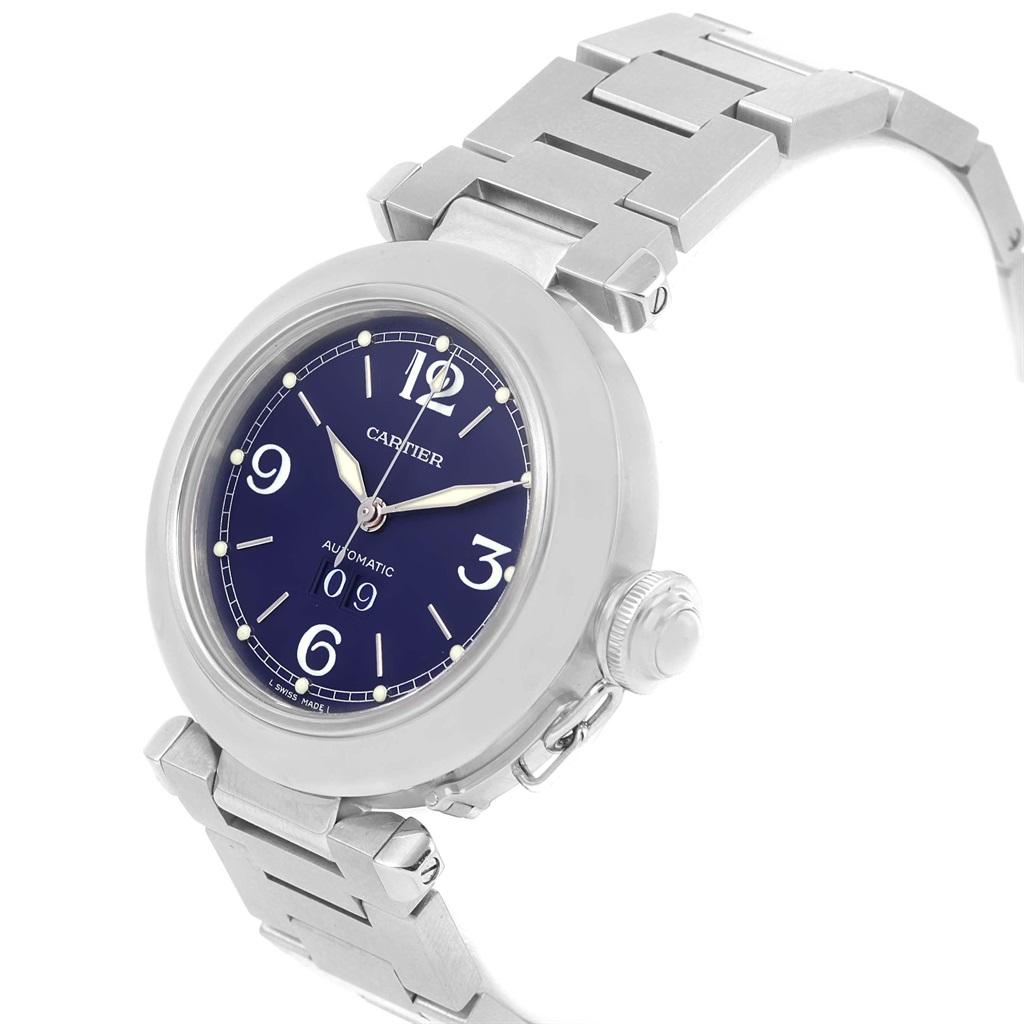 Cartier Pasha C 35 Blue Dial Automatic Steel Mens Watch W31047M7. Automatic self-winding movement. Stainless steel round case 35 mm in diameter. Case back with 8 screws. Vendome lugs. Winding-crown protection cap. Fixed concave stainless steel