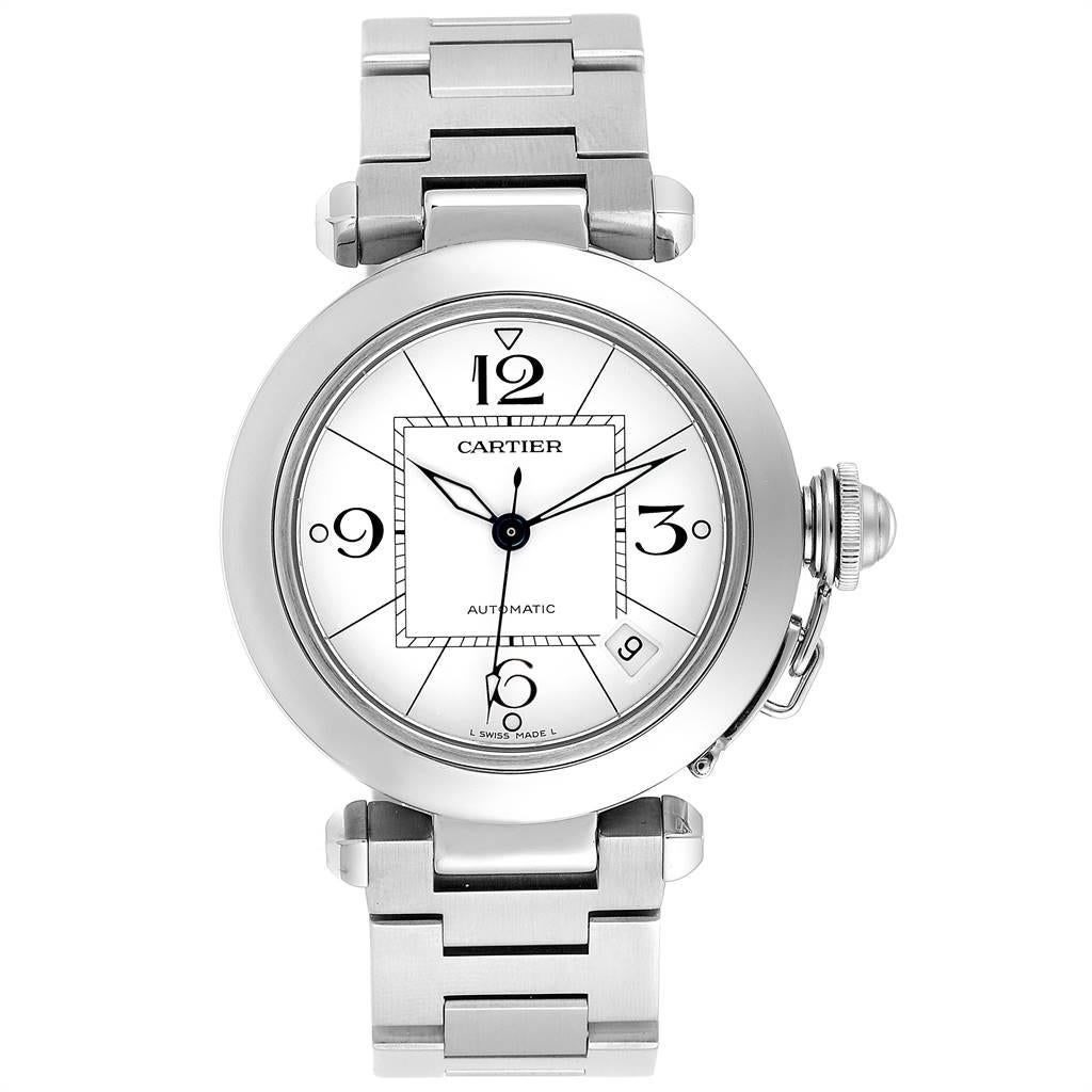 Cartier Pasha C 35 White Dial Stainless Steel Unisex Watch W31074M7. Automatic self-winding movement. Round three-body polished and brushed stainless steel case 35.0 mm in diameter. Case back with 8 screws. Vendome lugs. Winding-crown protection