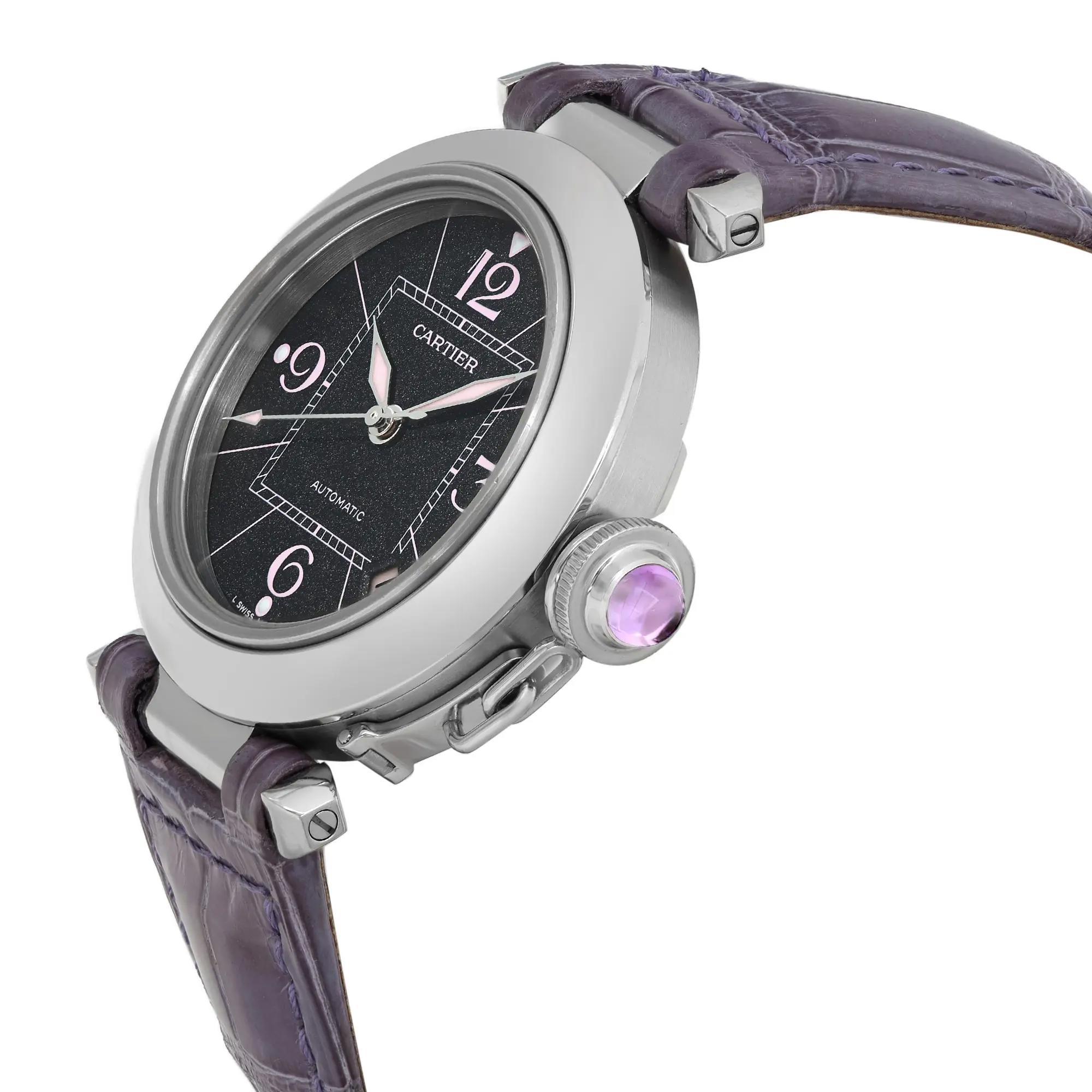 Cartier Pasha C 35mm Steel Black Dial Quartz Ladies Watch 2324 In Good Condition In New York, NY