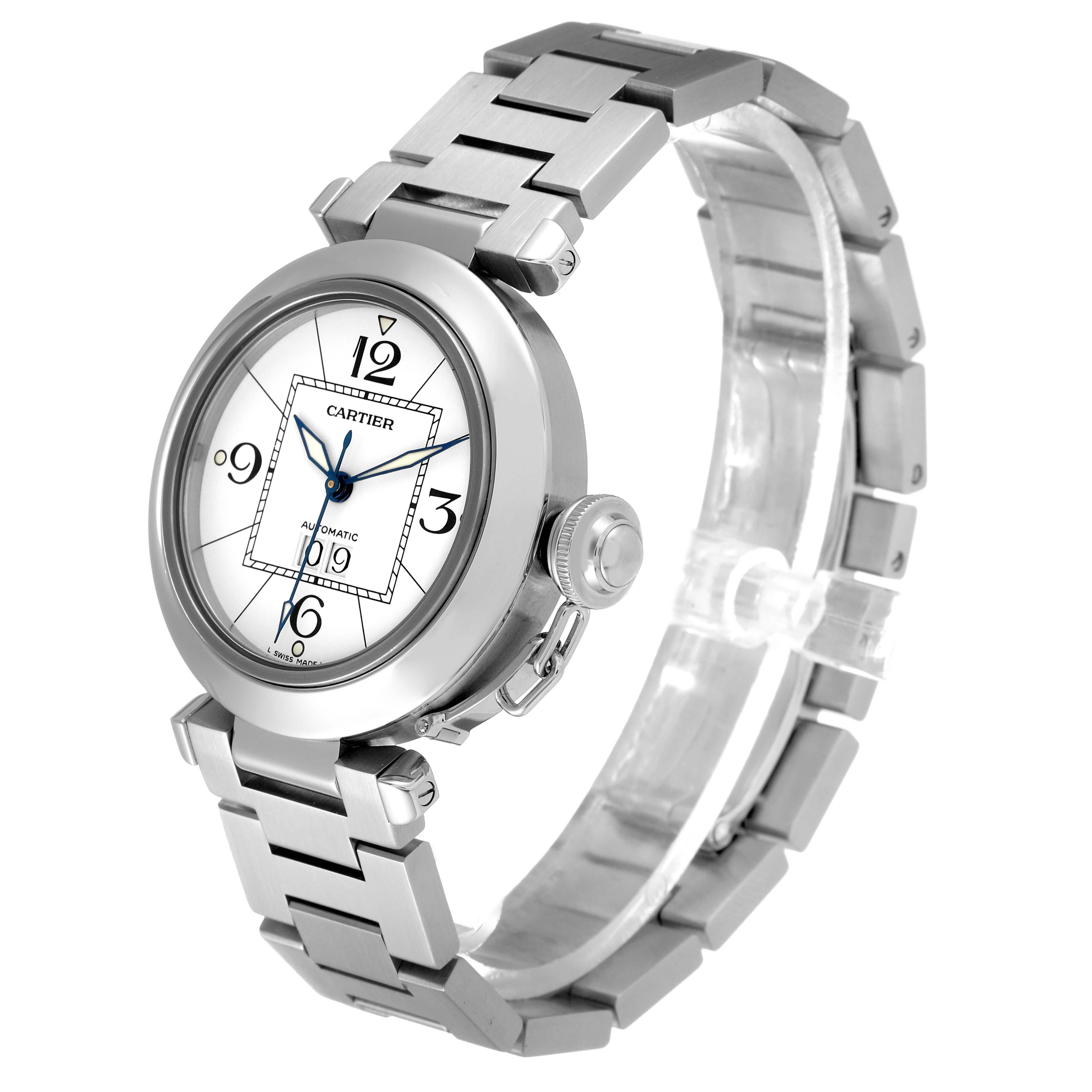 Cartier Pasha C Big Date Midsize Steel White Dial Mens Watch W31055M7 Box Papers. Automatic self-winding movement. Polished and brushed stainless steel case 35.0 mm in diameter. Caseback with 8 screws. Screw down crown cover. Stainless steel concave