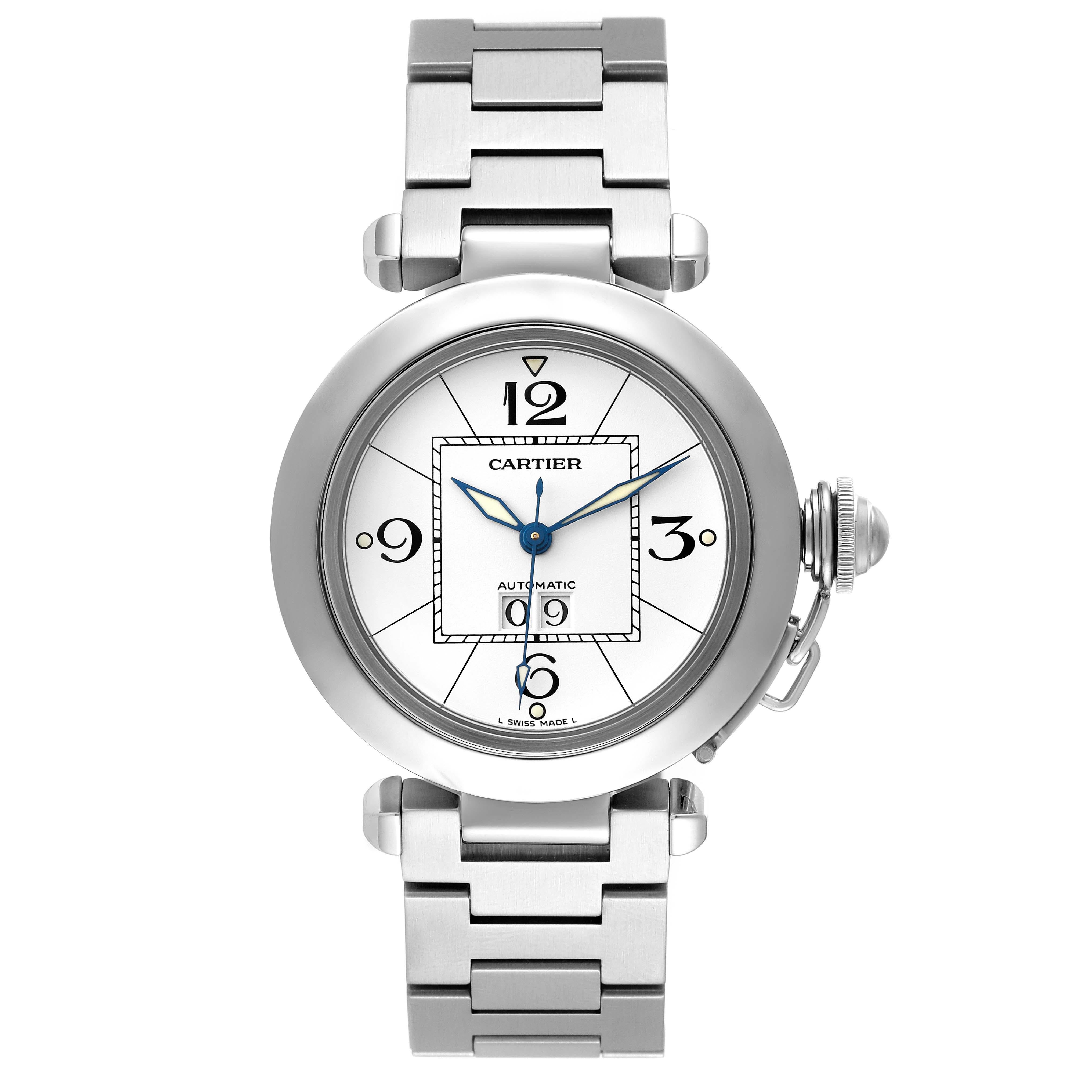Cartier Pasha C Big Date Midsize Steel White Dial Mens Watch W31055M7 Box Papers For Sale 1