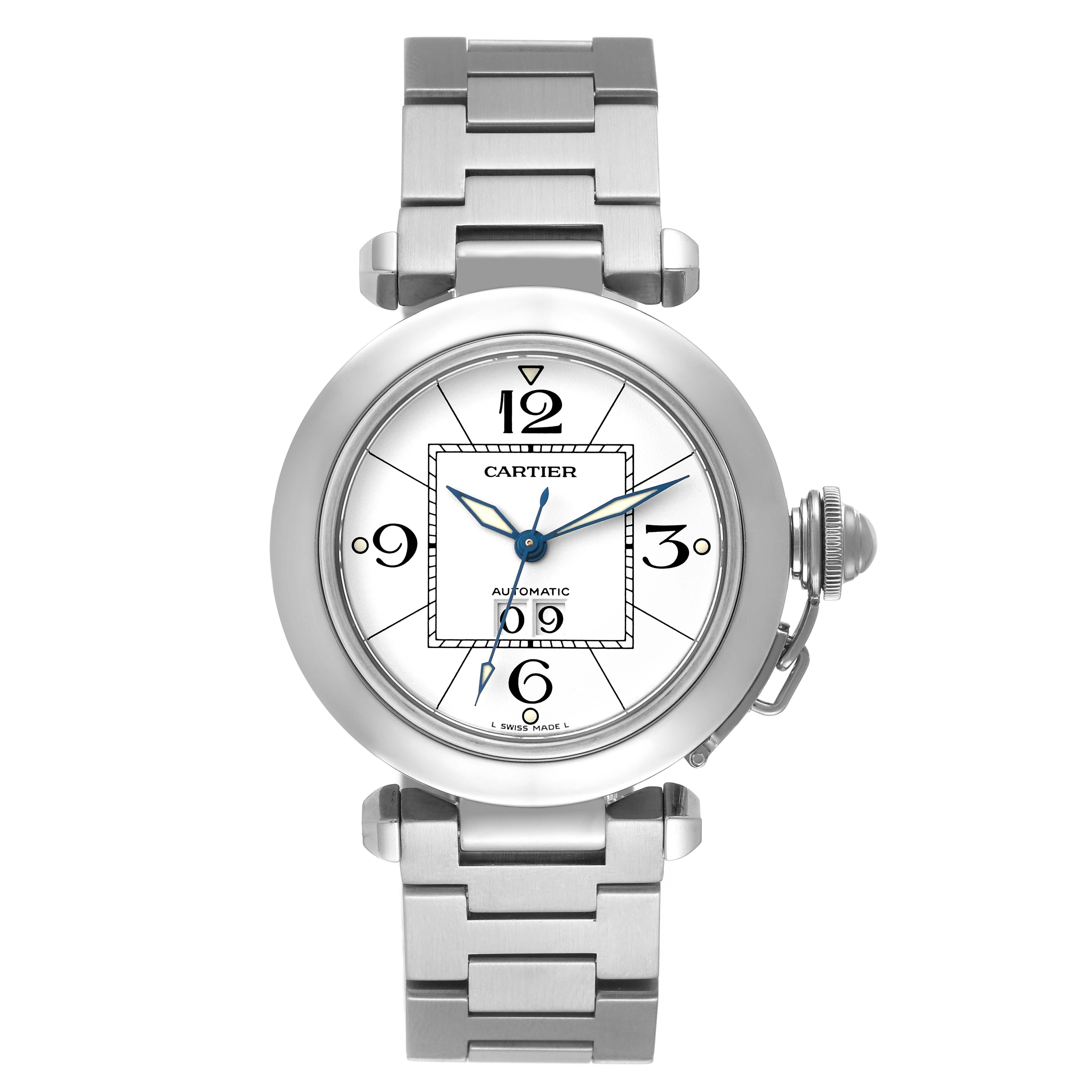 Cartier Pasha C Big Date Midsize Steel White Dial Mens Watch W31055M7 For Sale 2