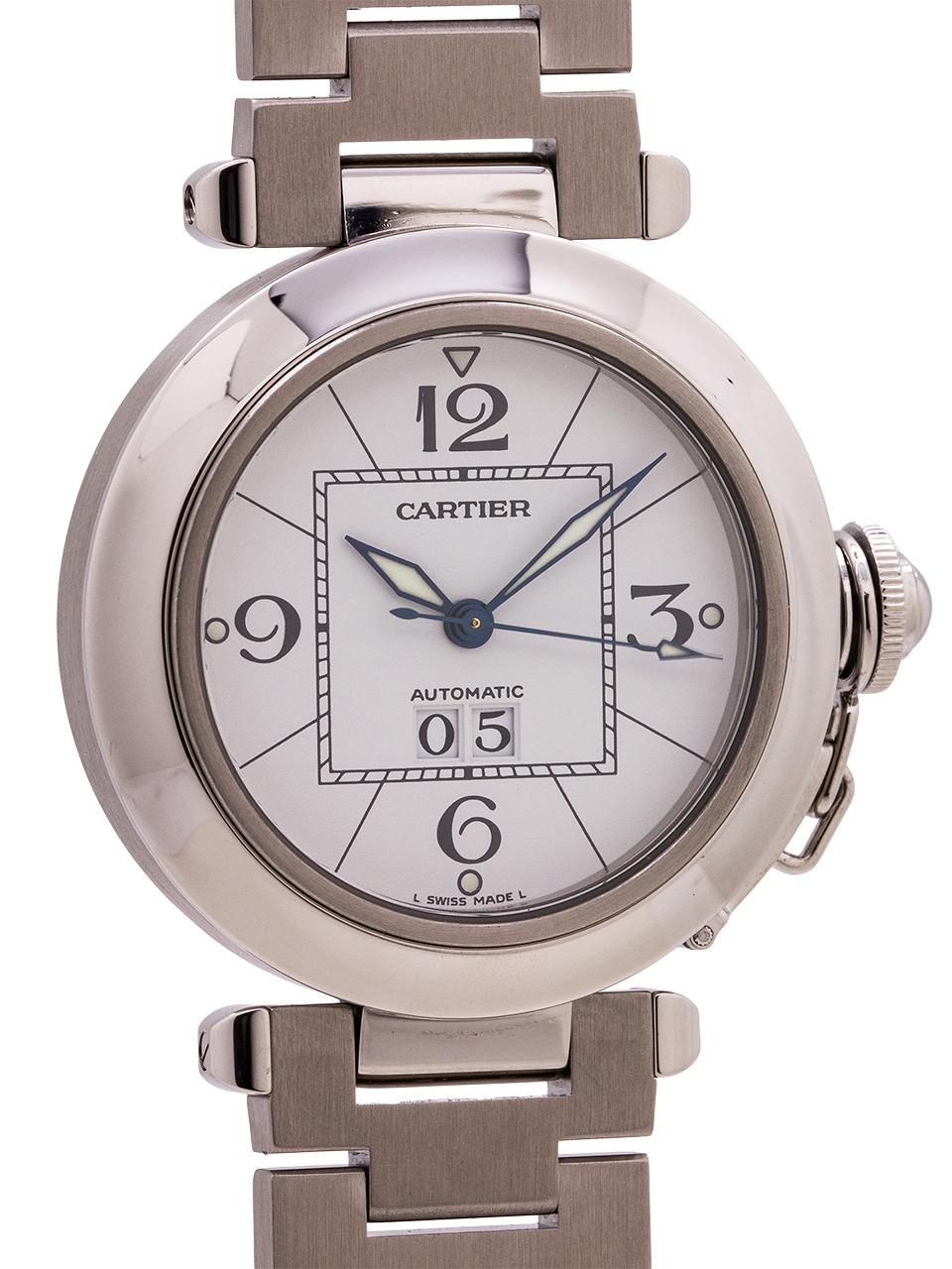 
Cartier stainless steel Pasha C ref 2475 circa 2000s. 35.5 x 42 diameter case with smooth bezel, sapphire crystal and stainless steel screw down canteen style crown protector. Featuring original white dial with large black Arabic numerals and