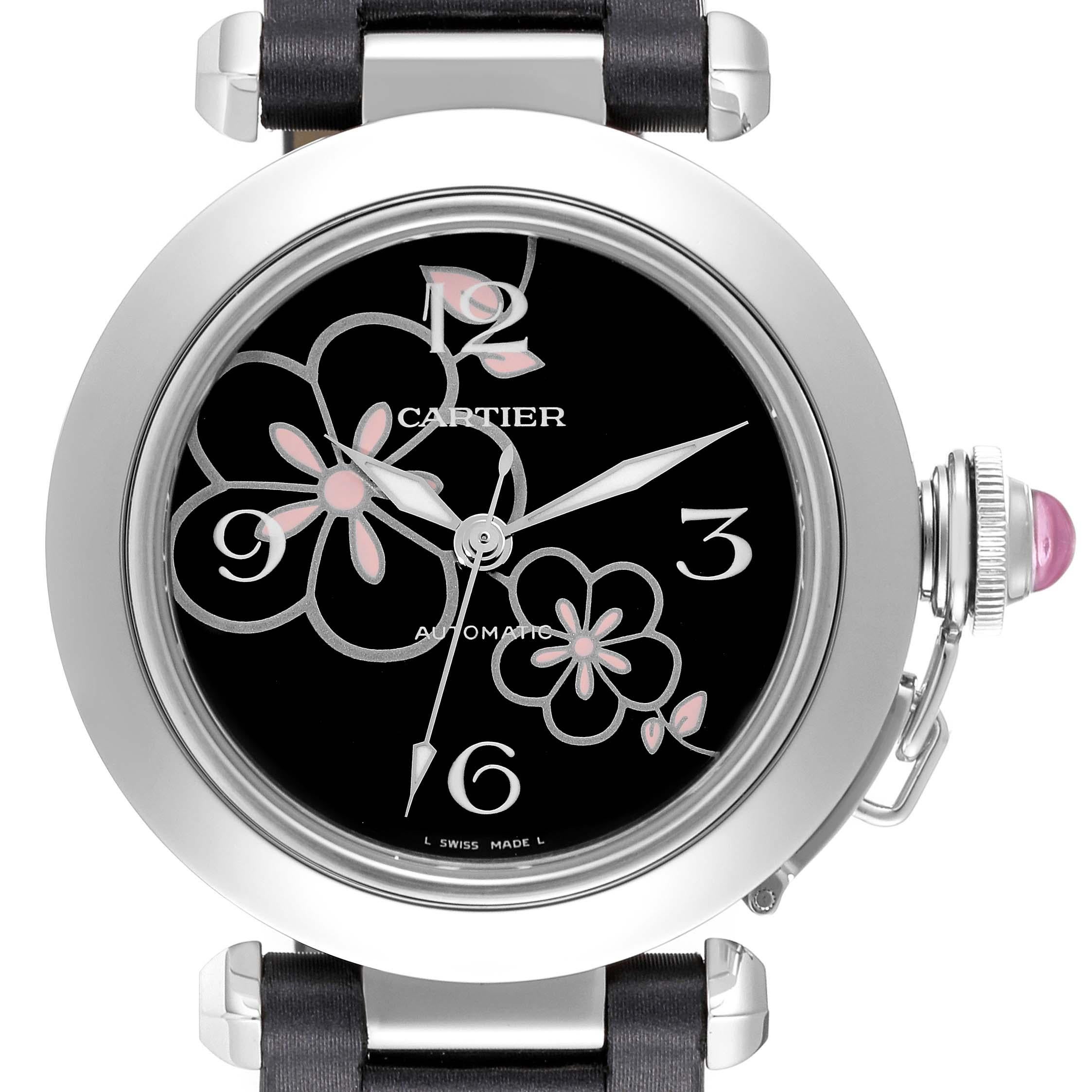 Cartier Pasha C Flower Dial Limited Edition Steel Ladies Watch W3109699. Automatic self-winding movement. Round three-body polished and brushed stainless steel case 35.0 mm in diameter. Case back with 8 screws. Vendome lugs. Winding-crown protection