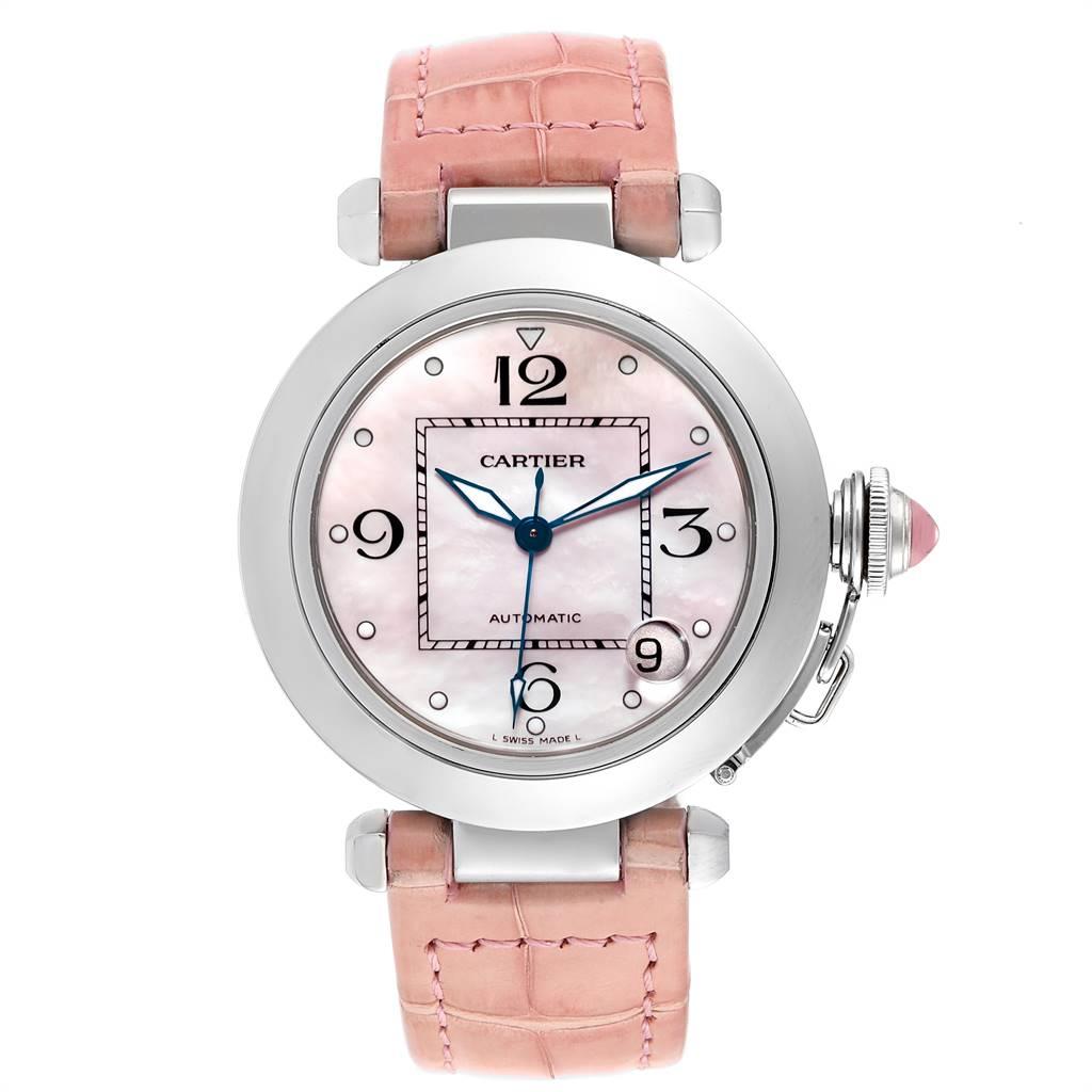 Cartier Pasha C Medium Pink Mother of Pearl Limited Edition Watch 2324. Automatic self-winding movement. Round stainless steel case 35.0 mm in diameter. Case back with 8 screws. Vendome lugs. Winding-crown protection cap. Stainless steel concave